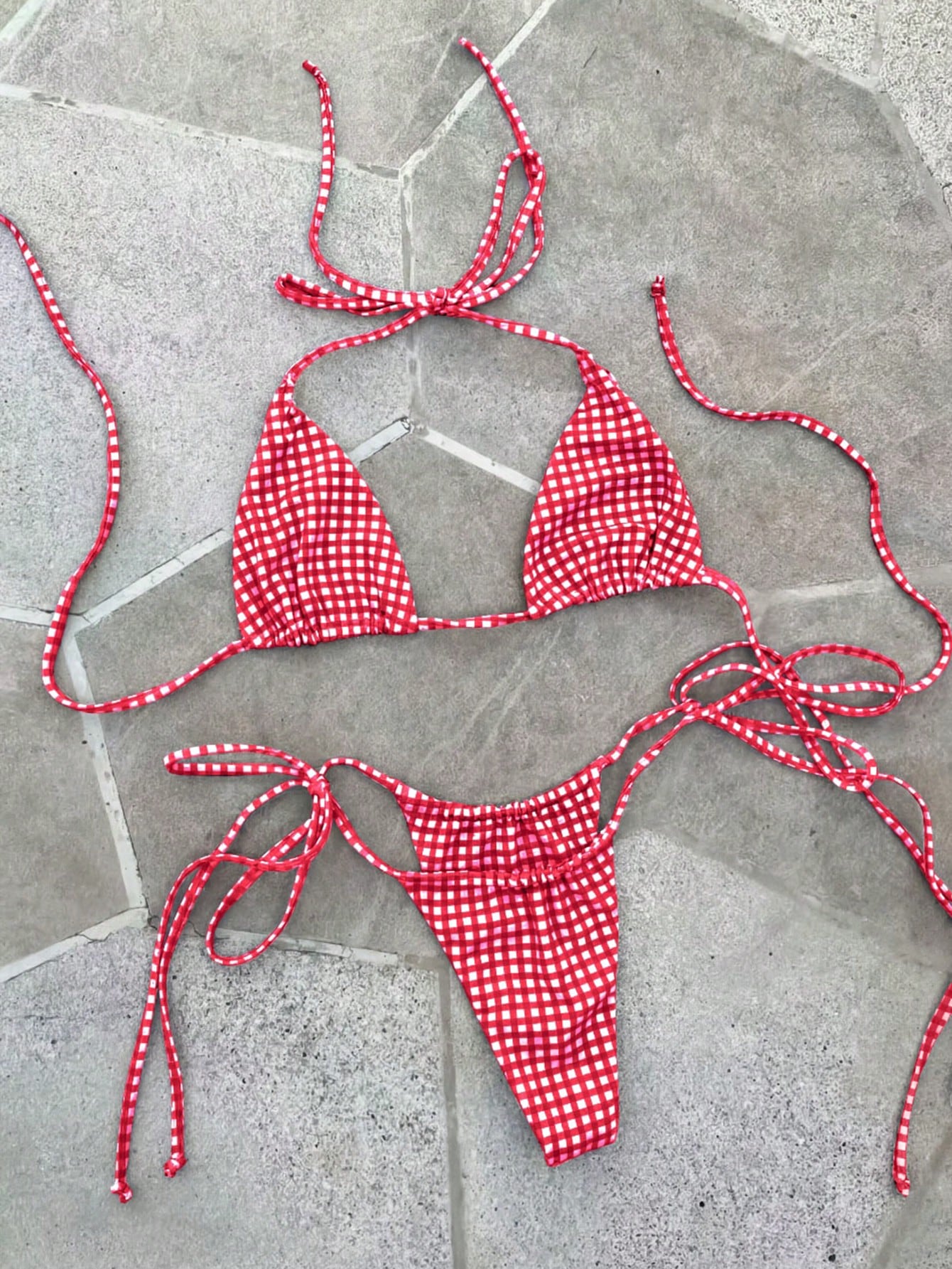 Deep Red & White Plaid Spaghetti Strap Tie Bikini Set, Sweet & Sexy