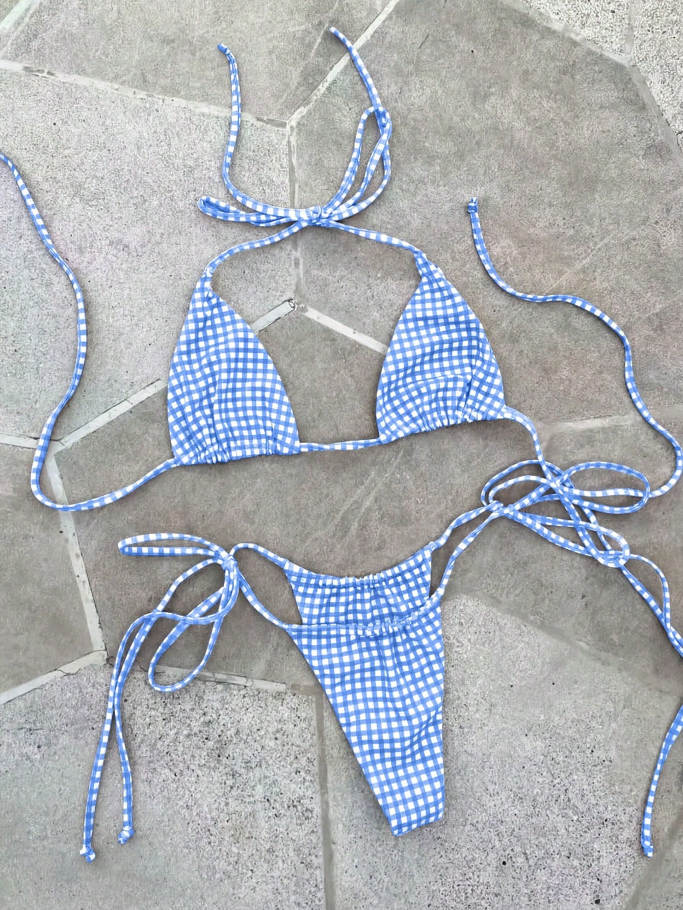 Deep Red & White Plaid Spaghetti Strap Tie Bikini Set, Sweet & Sexy