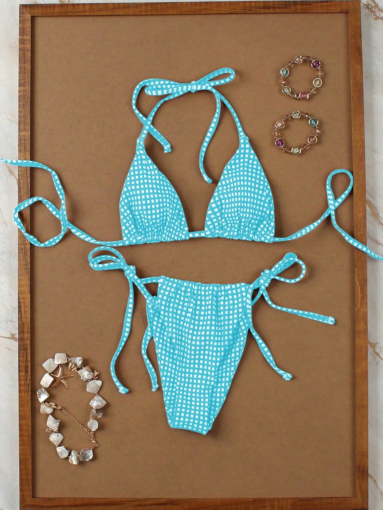 Deep Red & White Plaid Spaghetti Strap Tie Bikini Set, Sweet & Sexy