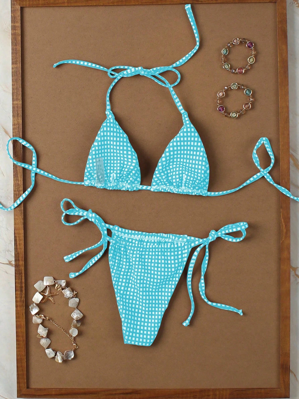Deep Red & White Plaid Spaghetti Strap Tie Bikini Set, Sweet & Sexy