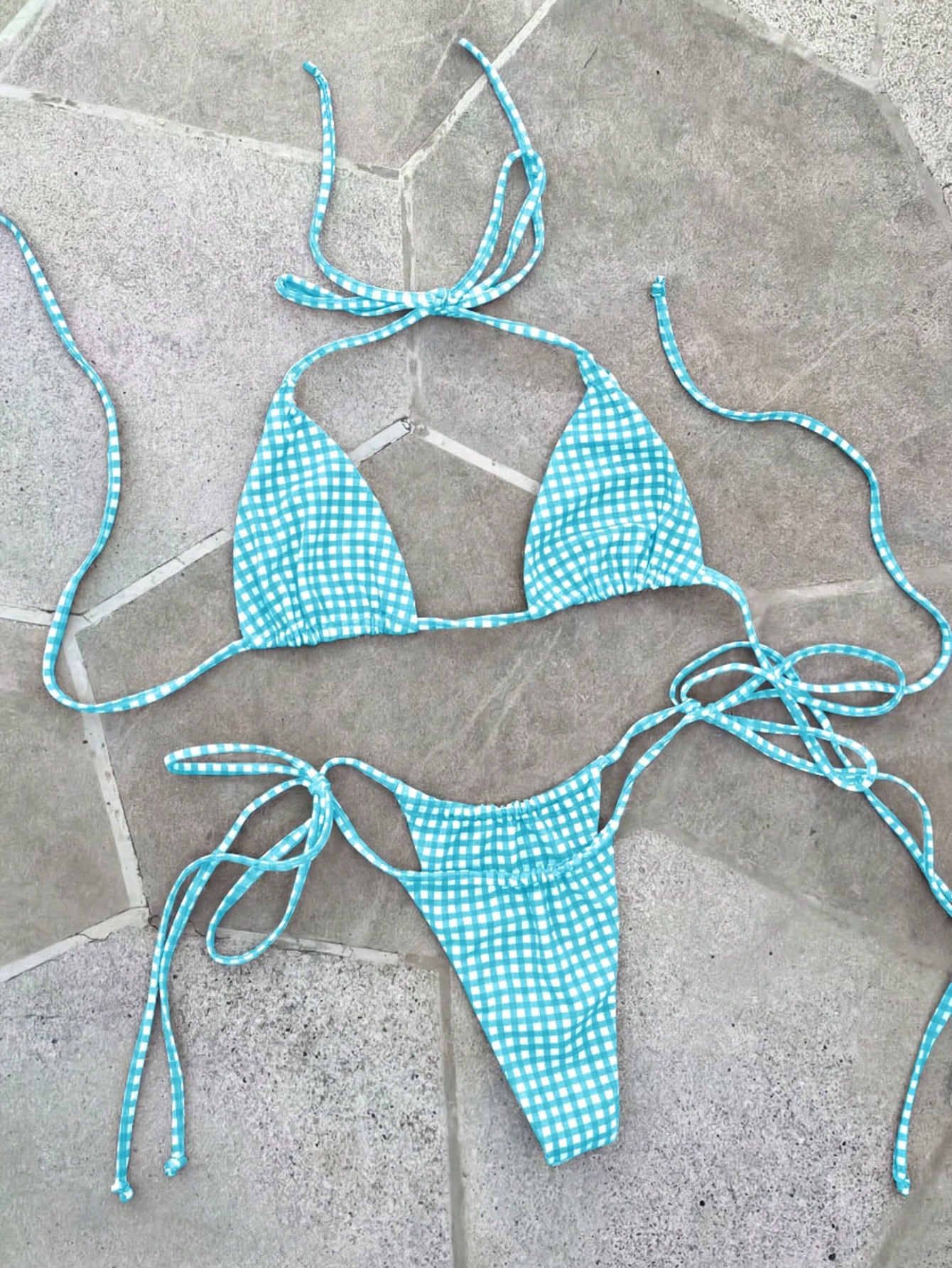 Deep Red & White Plaid Spaghetti Strap Tie Bikini Set, Sweet & Sexy