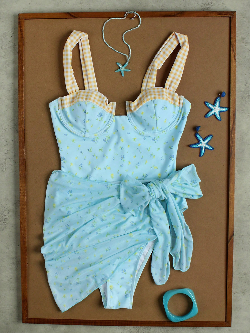 Ladies' Light Blue Floral Plaid Camisole Swimwear For Beach, Sweet Girl Vacation Style Two Pieces Bikini Set