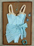 Ladies' Light Blue Floral Plaid Camisole Swimwear For Beach, Sweet Girl Vacation Style Two Pieces Bikini Set