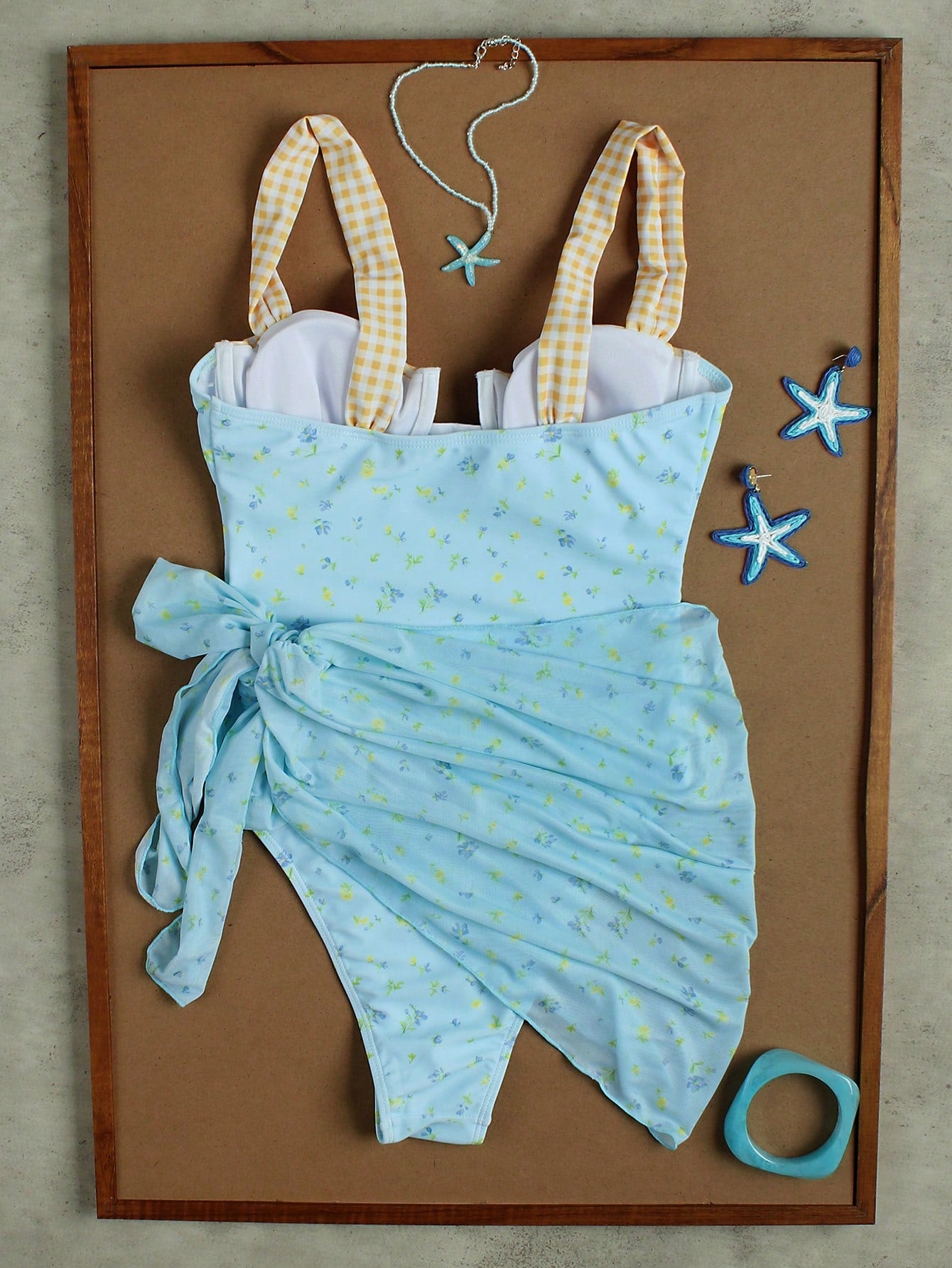 Ladies' Light Blue Floral Plaid Camisole Swimwear For Beach, Sweet Girl Vacation Style Two Pieces Bikini Set - image 2