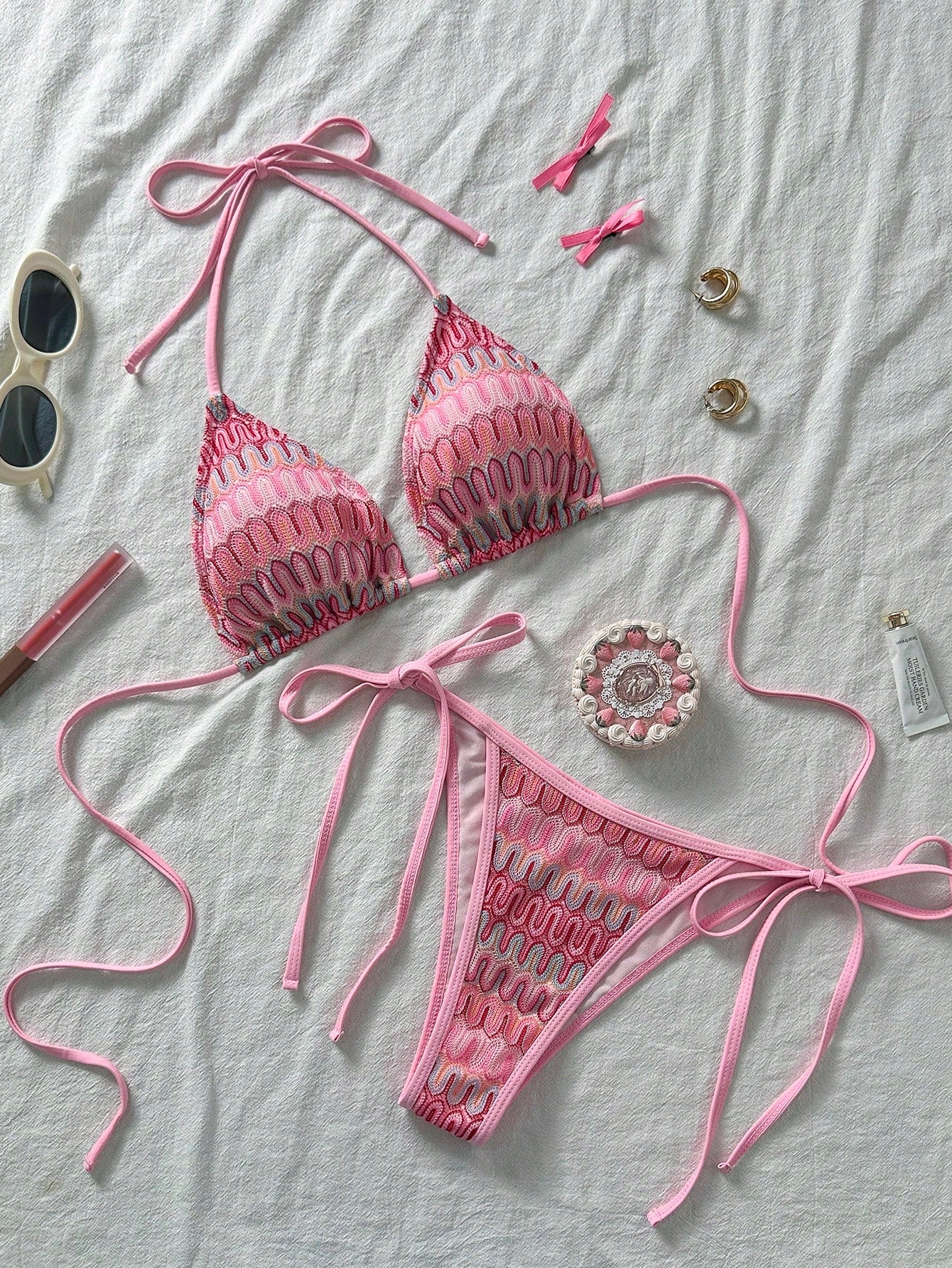 Women's Unique Textured Fabric Bikini 2 Pieces Swimwear, Cute Spaghetti Strap Ba
