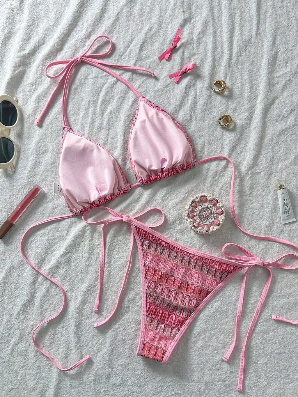Women's Unique Textured Fabric Bikini 2 Pieces Swimwear, Cute Spaghetti Strap Ba