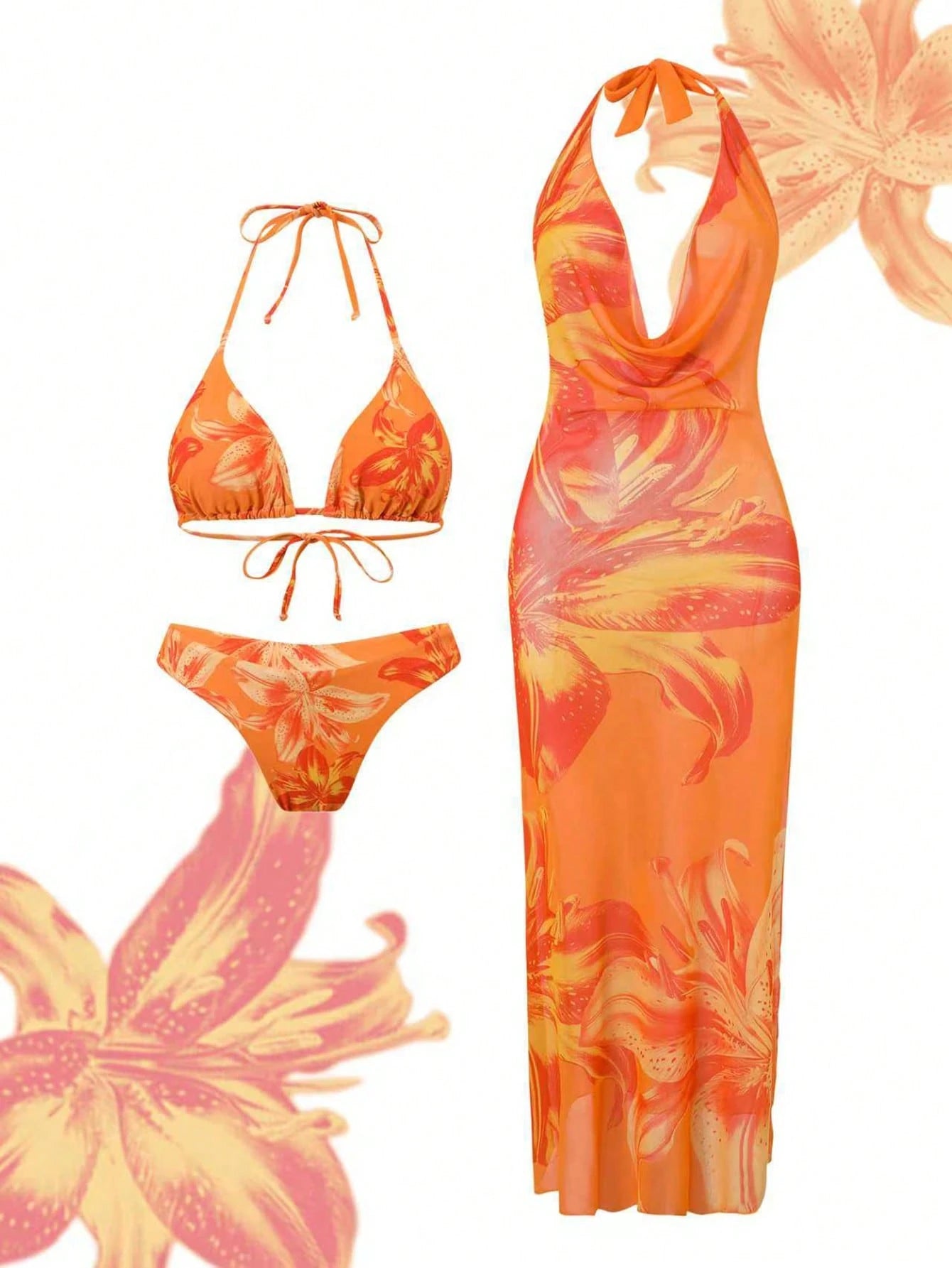Sirith 3pcs/Set Premium Printed Spaghetti Strap Halter Bikini Top, V-Cut Bottoms & Long Flowy Printed Mesh - image 8