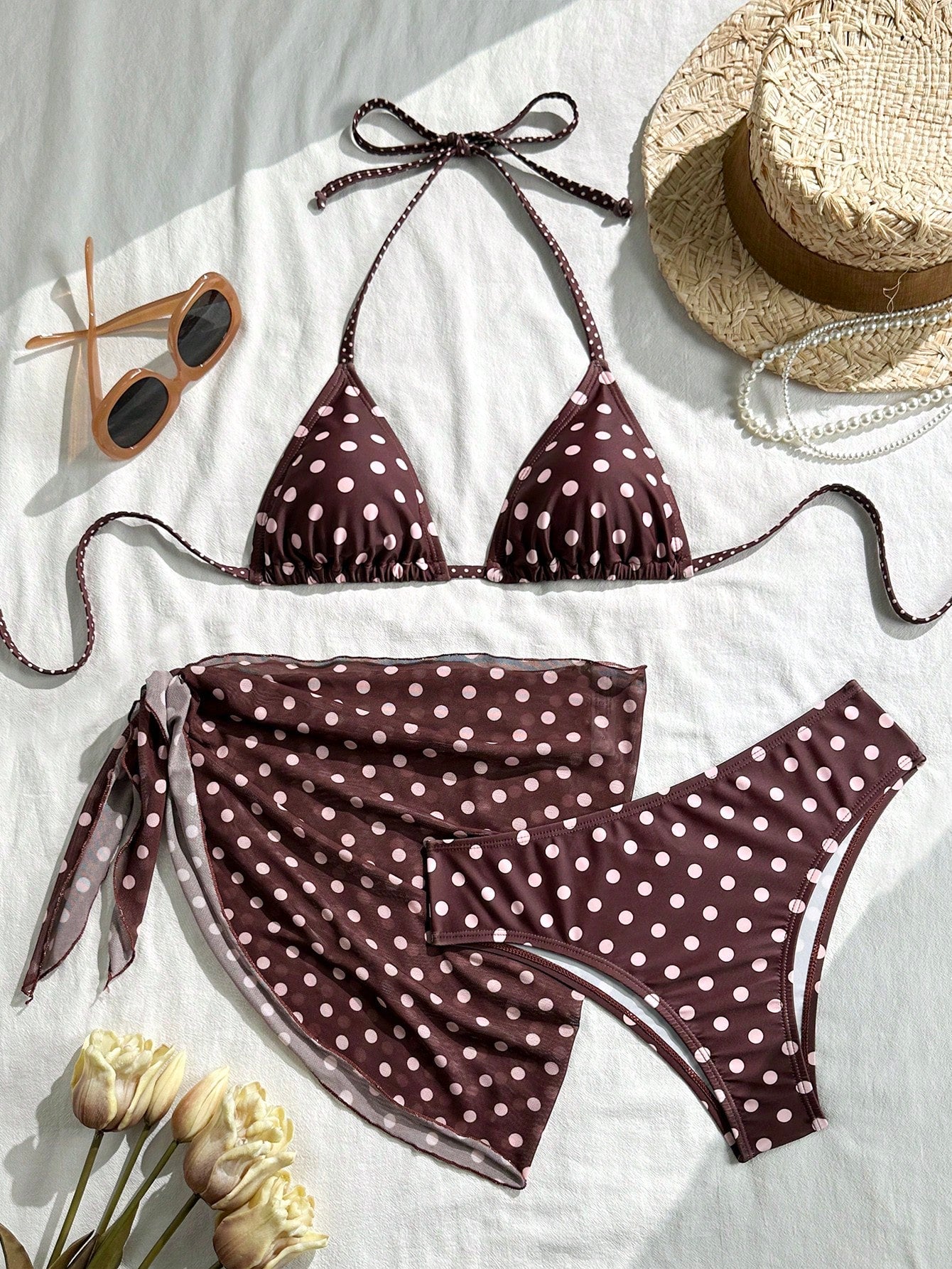 Swim Mod Women's Beach Vacation Polka Dot Print Halter Neck Tie Back
