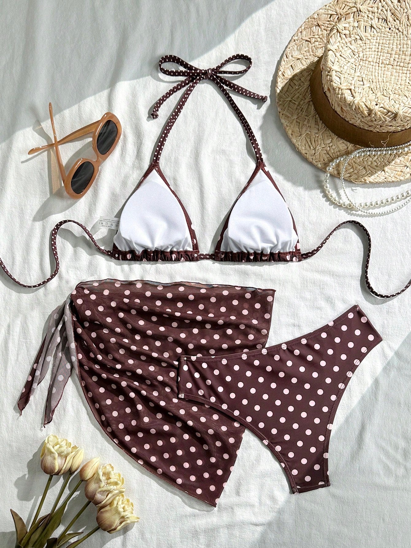 Swim Mod Women's Beach Vacation Polka Dot Print Halter Neck Tie Back