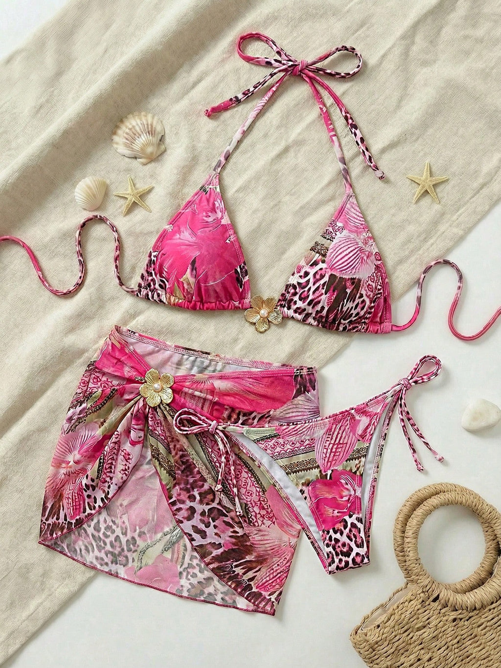 Swim Glamine Women's Tropical Print Swimwear Set For Vacation & Beach