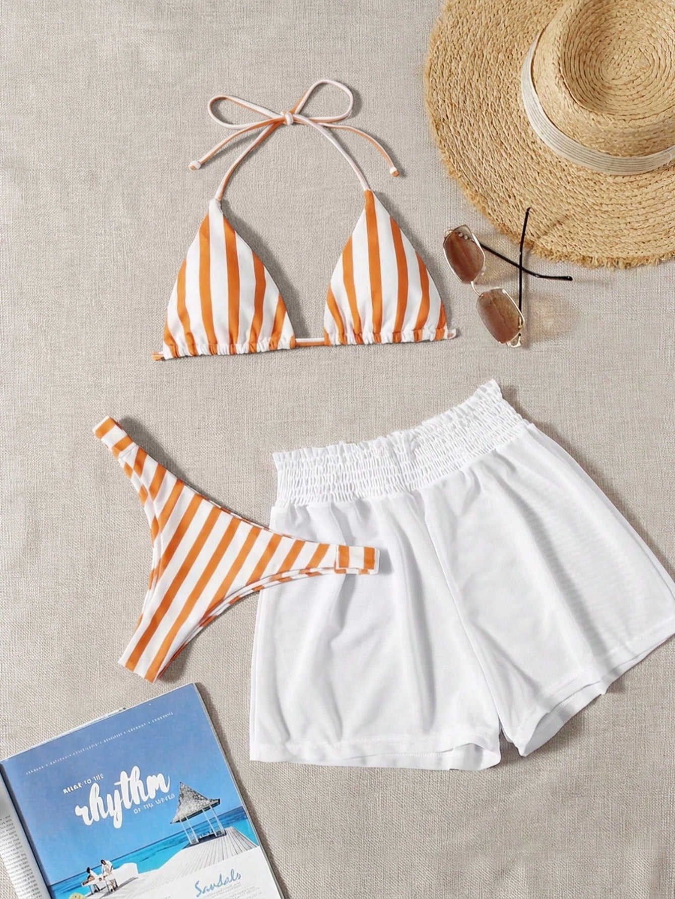 Swim Mod 3pcs Set Fresh Blue & White Striped Top, Blue Bottom And White Cover Up Shorts, Casual Beach Wear - image 11