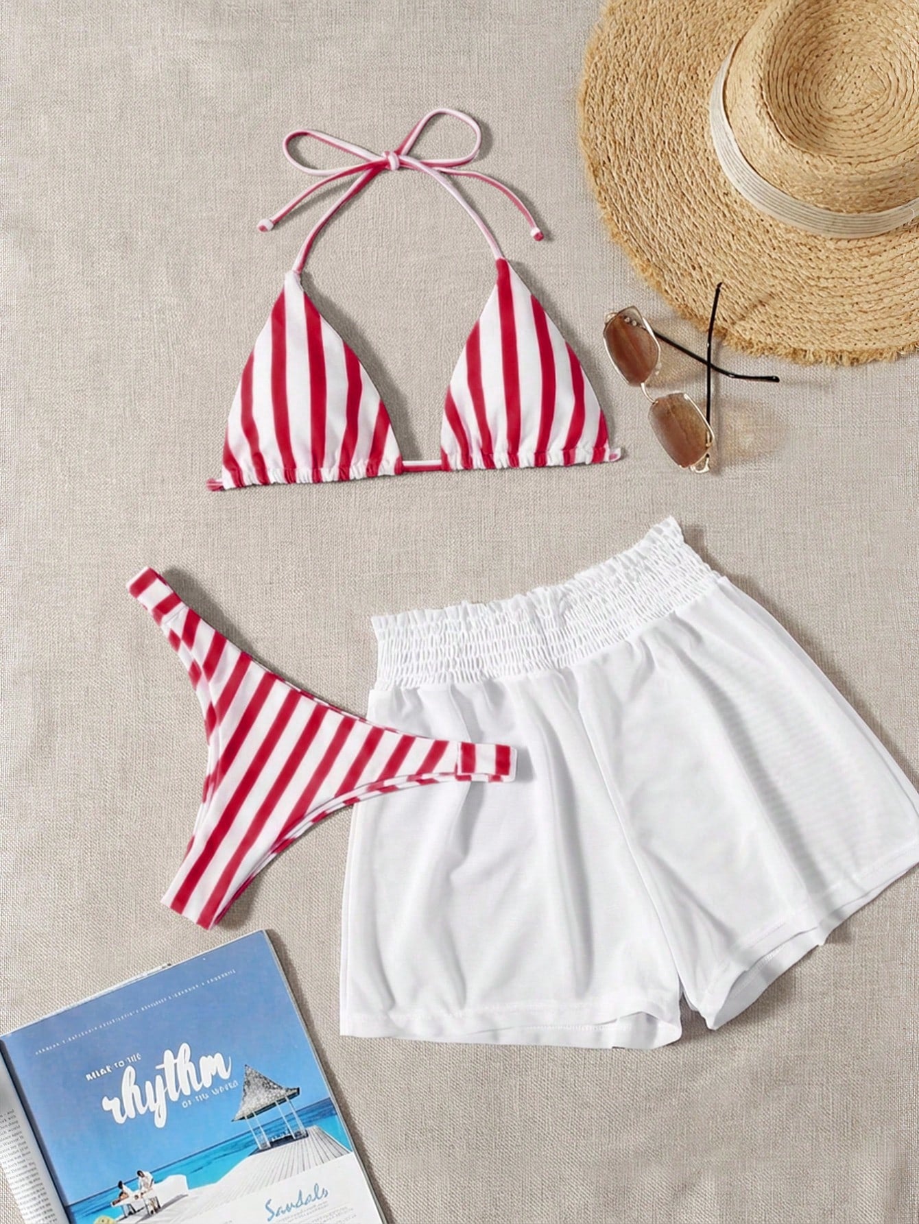 Swim Mod 3pcs Set Fresh Blue & White Striped Top, Blue Bottom And White Cover Up Shorts, Casual Beach Wear - image 17
