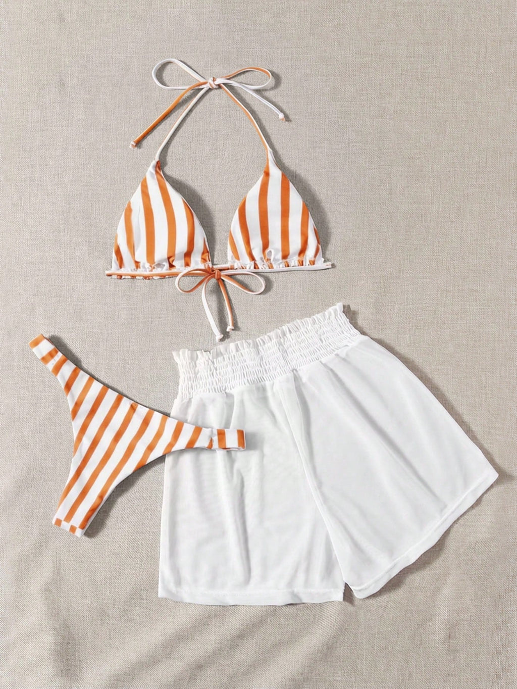 Swim Mod 3pcs Set Fresh Blue & White Striped Top, Blue Bottom And White Cover Up Shorts, Casual Beach Wear - image 12