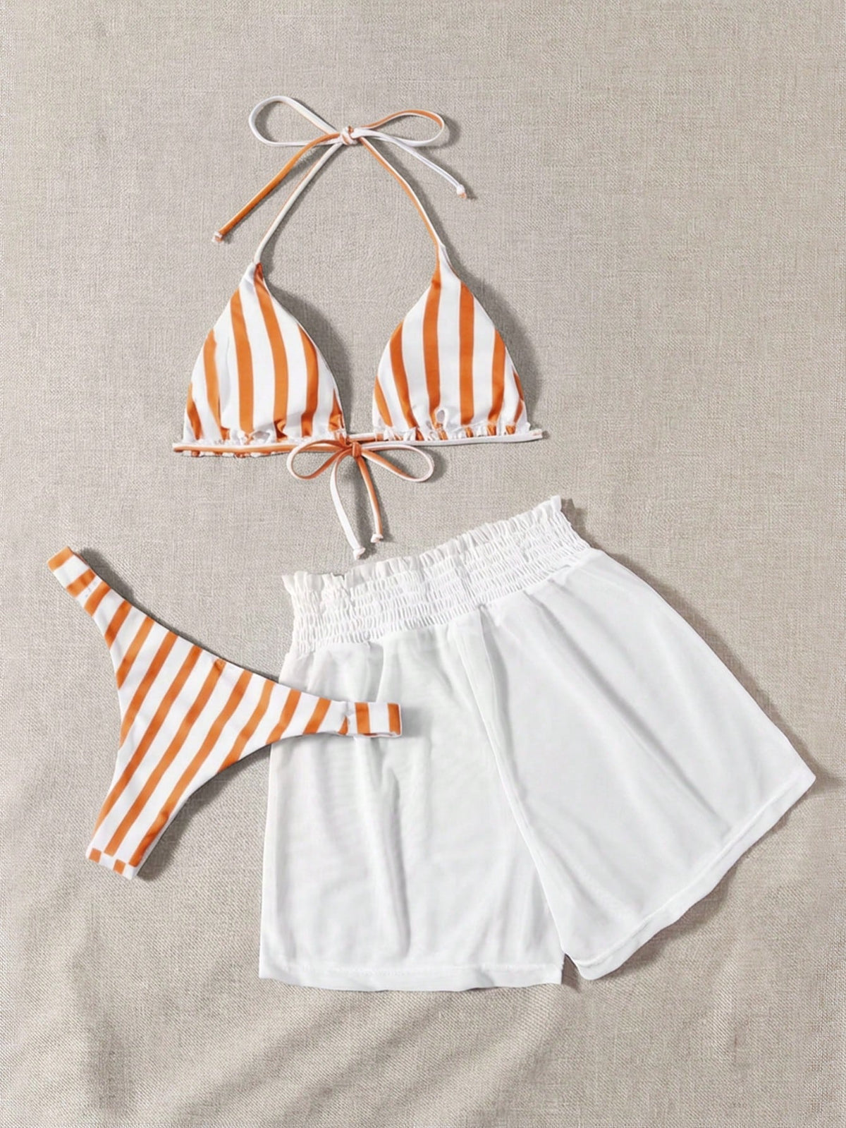 Swim Mod 3pcs Set Fresh Blue & White Striped Top, Blue Bottom And White Cover Up Shorts, Casual Beach Wear - image 12