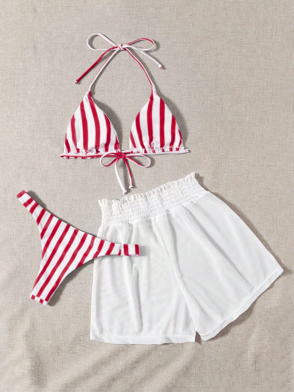 Swim Mod 3pcs Set Fresh Blue & White Striped Top, Blue Bottom And White Cover Up Shorts, Casual Beach Wear - image 18