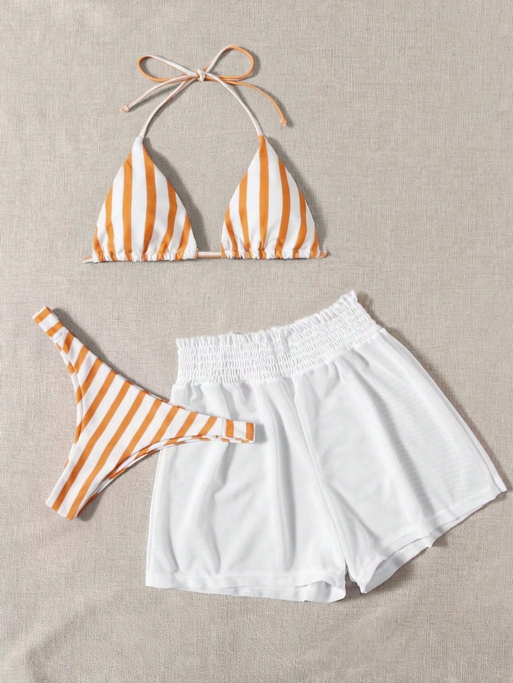 Swim Mod 3pcs Set Fresh Blue & White Striped Top, Blue Bottom And White Cover Up Shorts, Casual Beach Wear - image 13