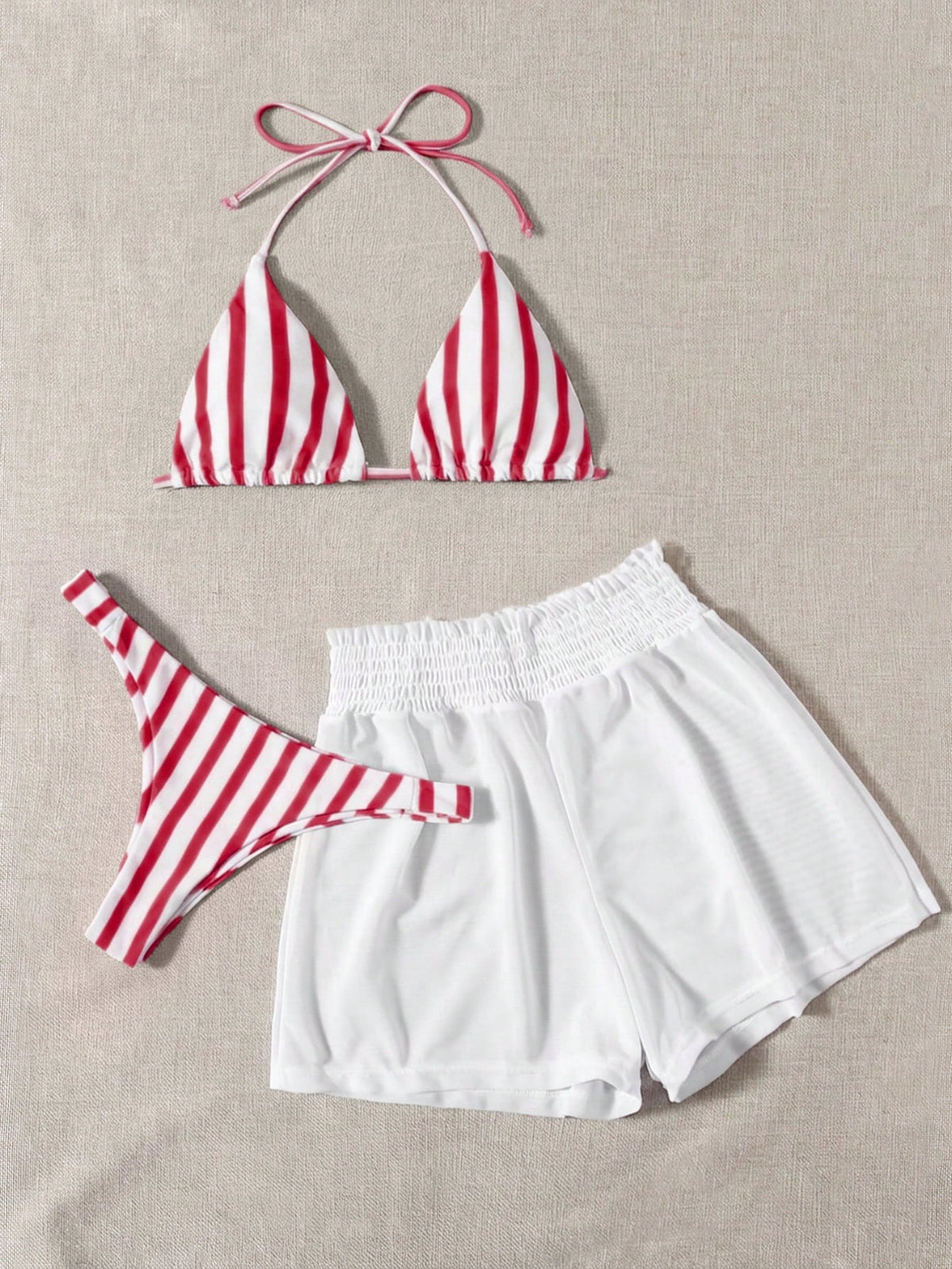 Swim Mod 3pcs Set Fresh Blue & White Striped Top, Blue Bottom And White Cover Up Shorts, Casual Beach Wear - image 19