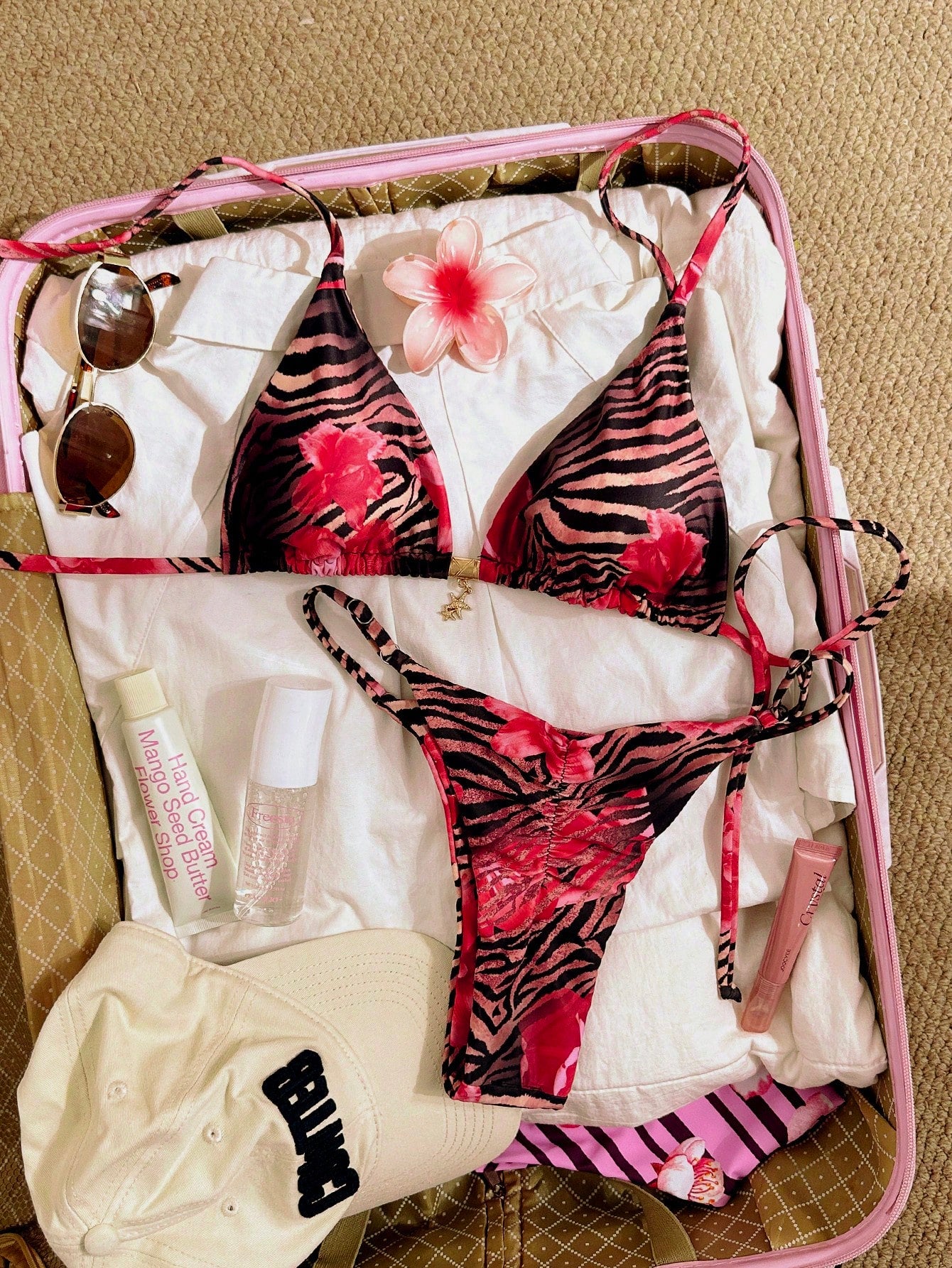 Swim Mod Multicolor Fabric Tropical Halter Bikini Set Knot Tie Side