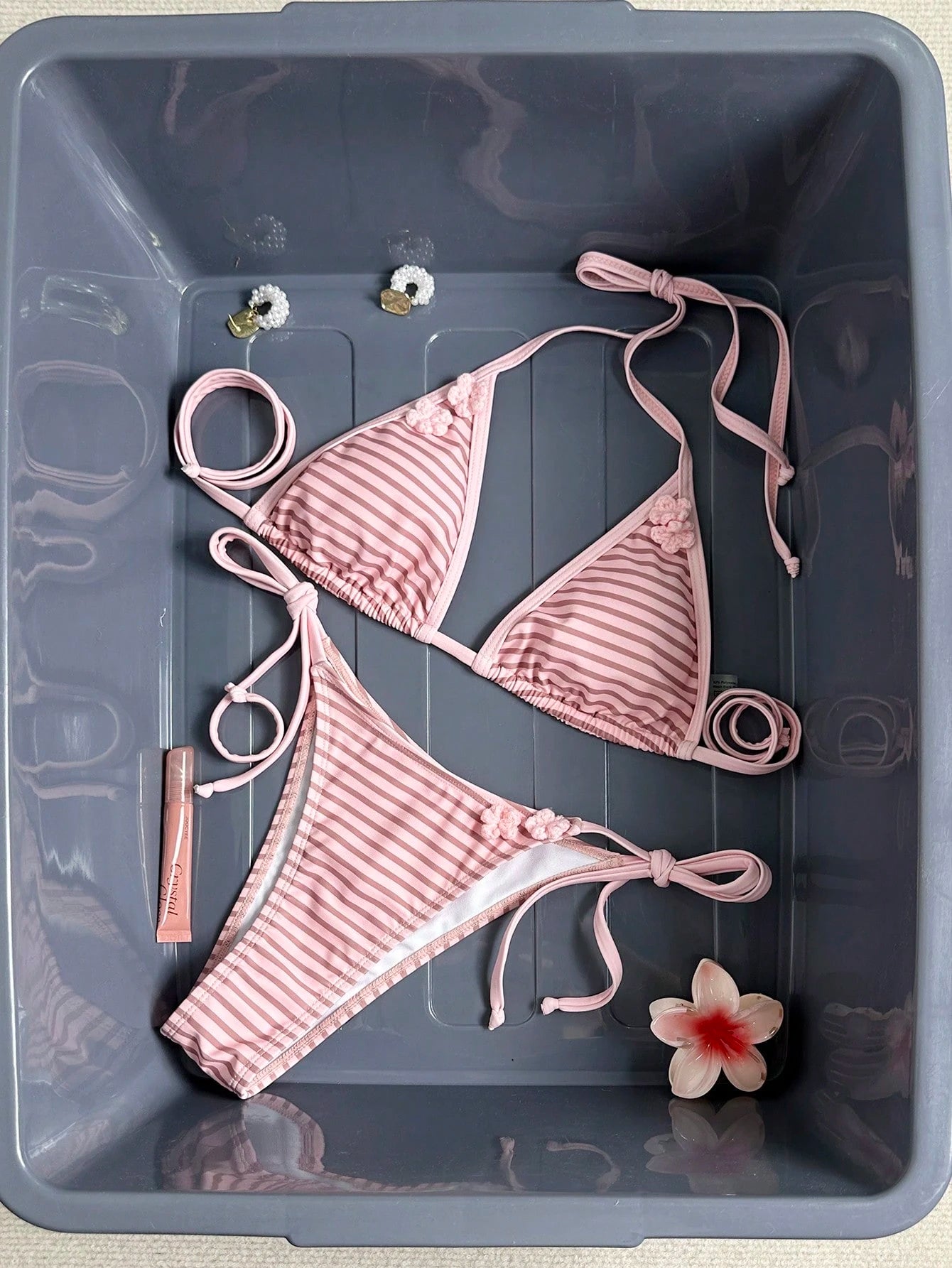 Women's Sexy Halter Tie Back Striped Bikini Set With Tie-Side Bottom,