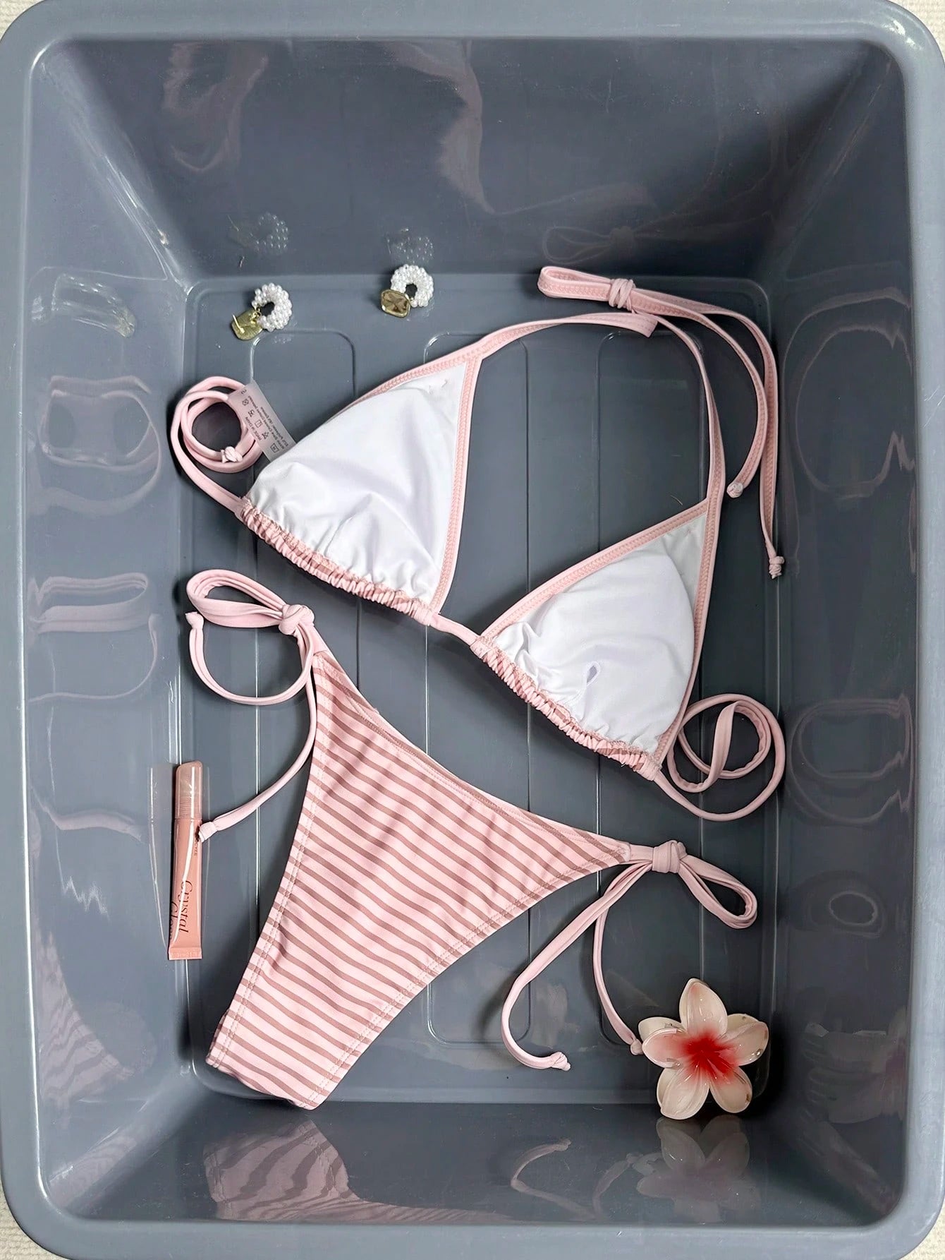 Women's Sexy Halter Tie Back Striped Bikini Set With Tie-Side Bottom,