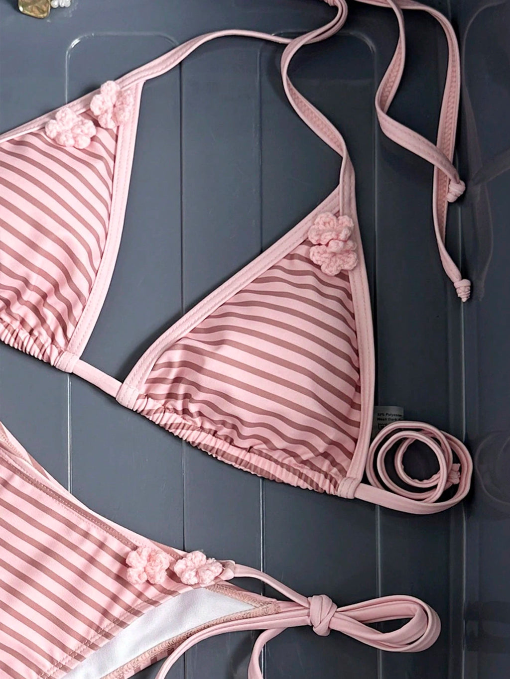 Women's Sexy Halter Tie Back Striped Bikini Set With Tie-Side Bottom,