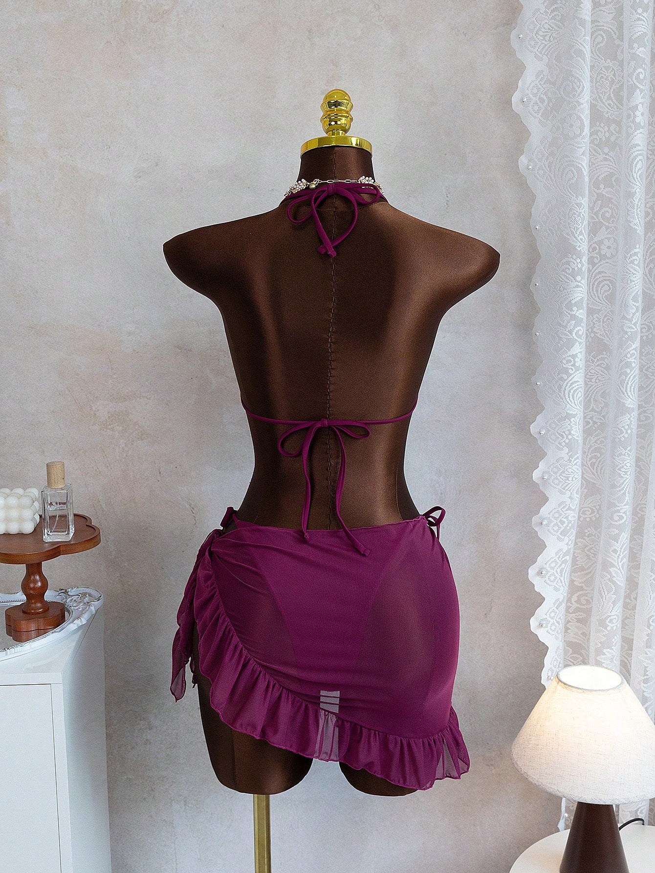 Swim SXY New Fashionable 3pcs/Set 3D Orchid Halter Bikini Top, Tie-Up Triangle B