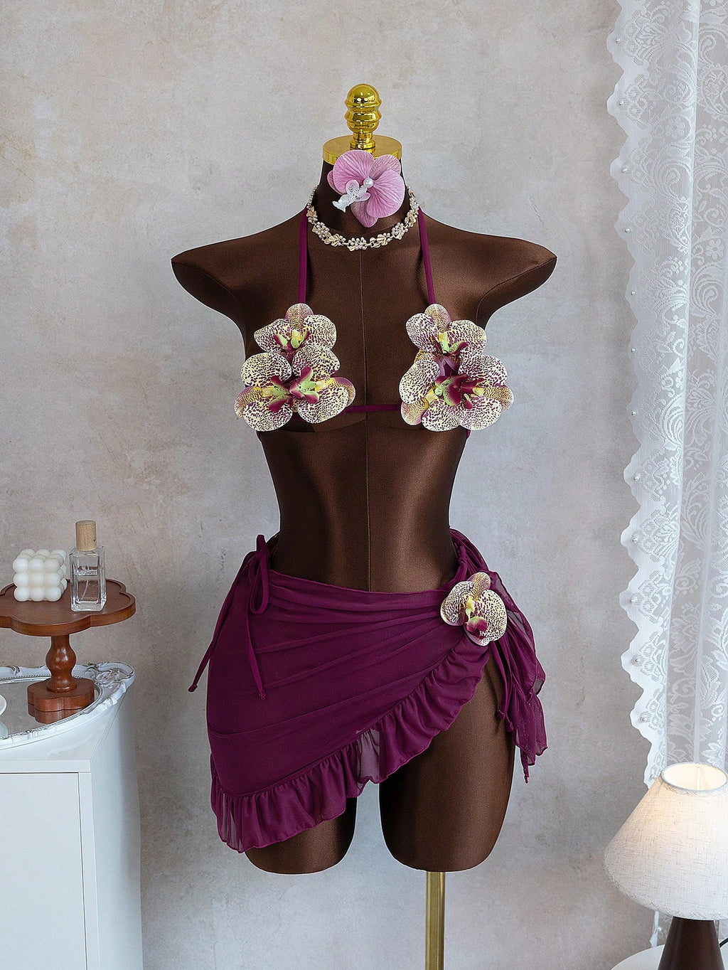 Swim SXY New Fashionable 3pcs/Set 3D Orchid Halter Bikini Top, Tie-Up Triangle B