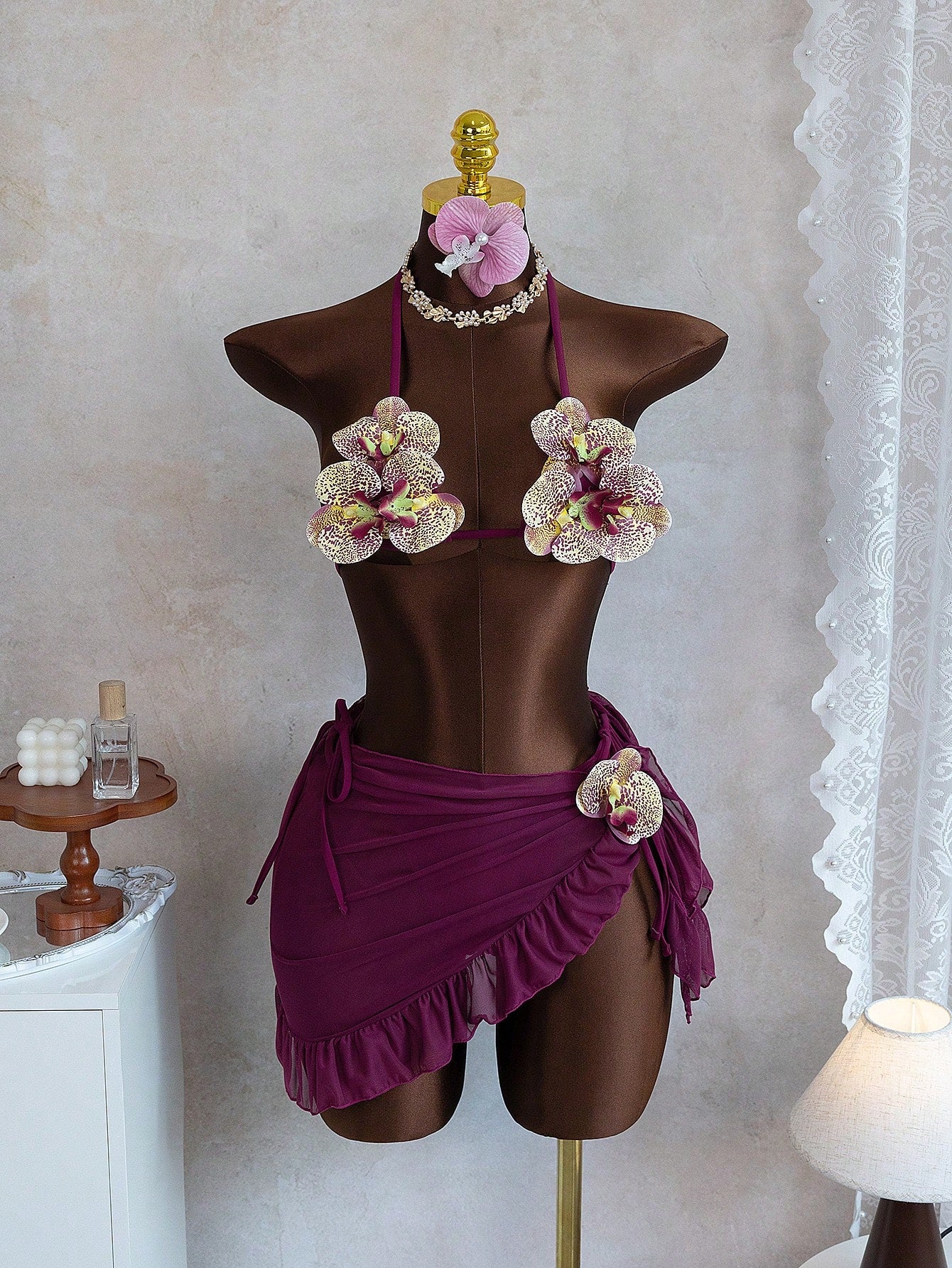 Swim SXY New Fashionable 3pcs/Set 3D Orchid Halter Bikini Top, Tie-Up Triangle B