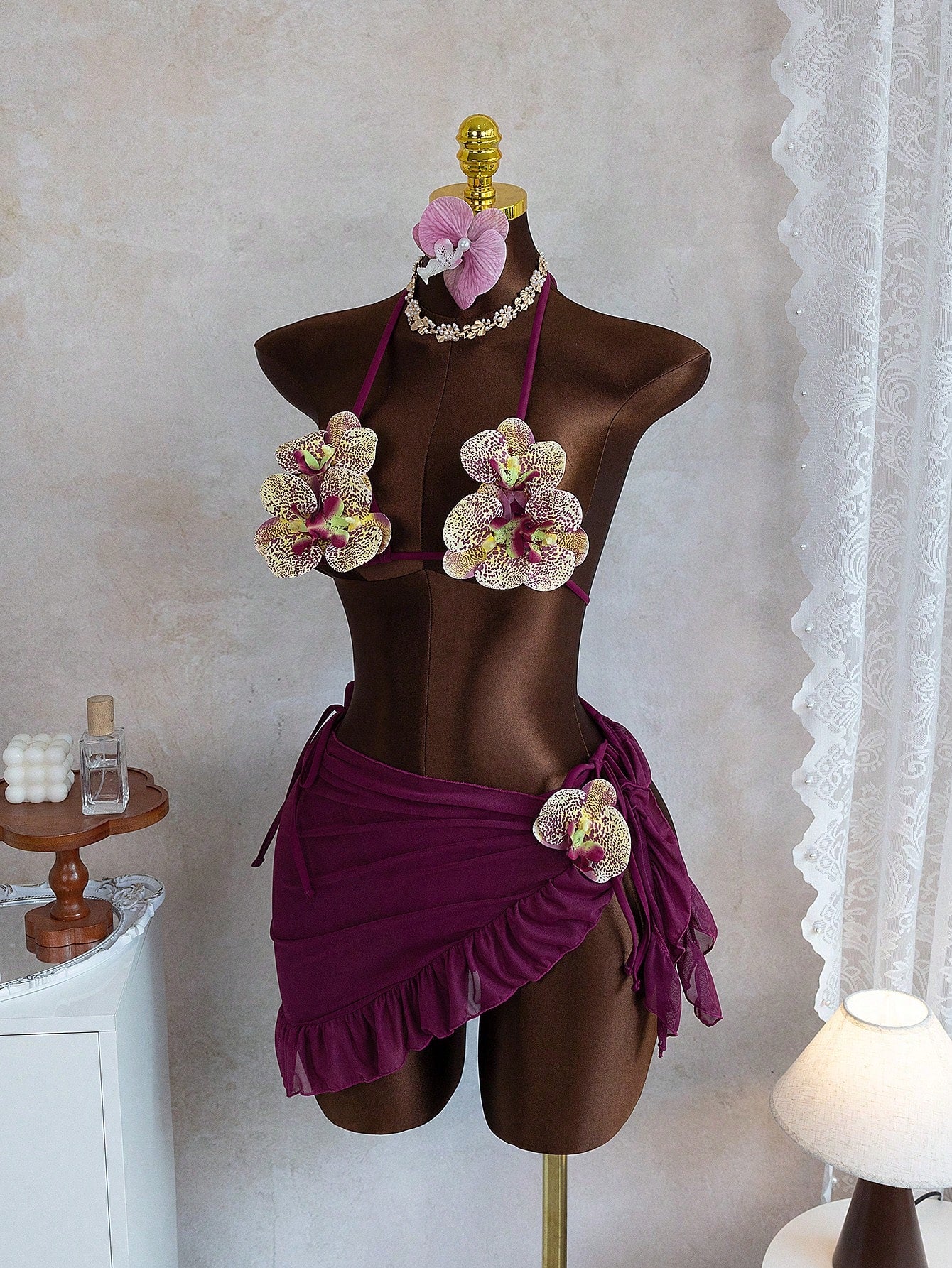Swim SXY New Fashionable 3pcs/Set 3D Orchid Halter Bikini Top, Tie-Up Triangle B