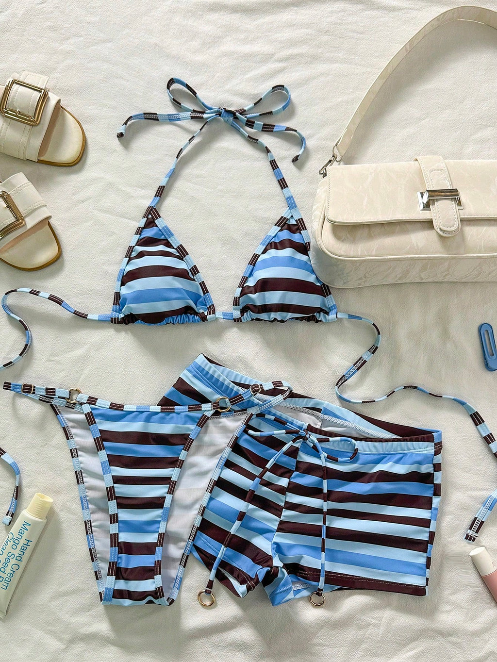 Bonvoyette 3pcs Women Light Blue Striped Bikini Set,Vintage Brown