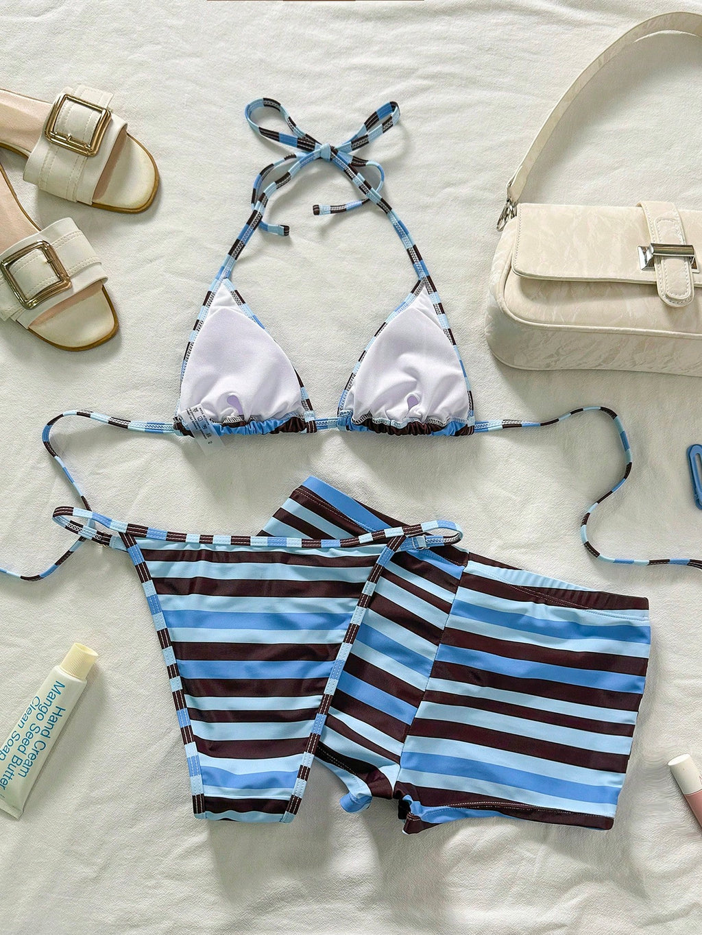 Bonvoyette 3pcs Women Light Blue Striped Bikini Set,Vintage Brown