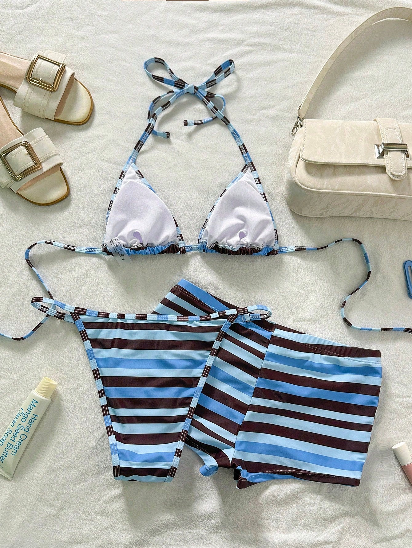Bonvoyette 3pcs Women Light Blue Striped Bikini Set,Vintage Brown