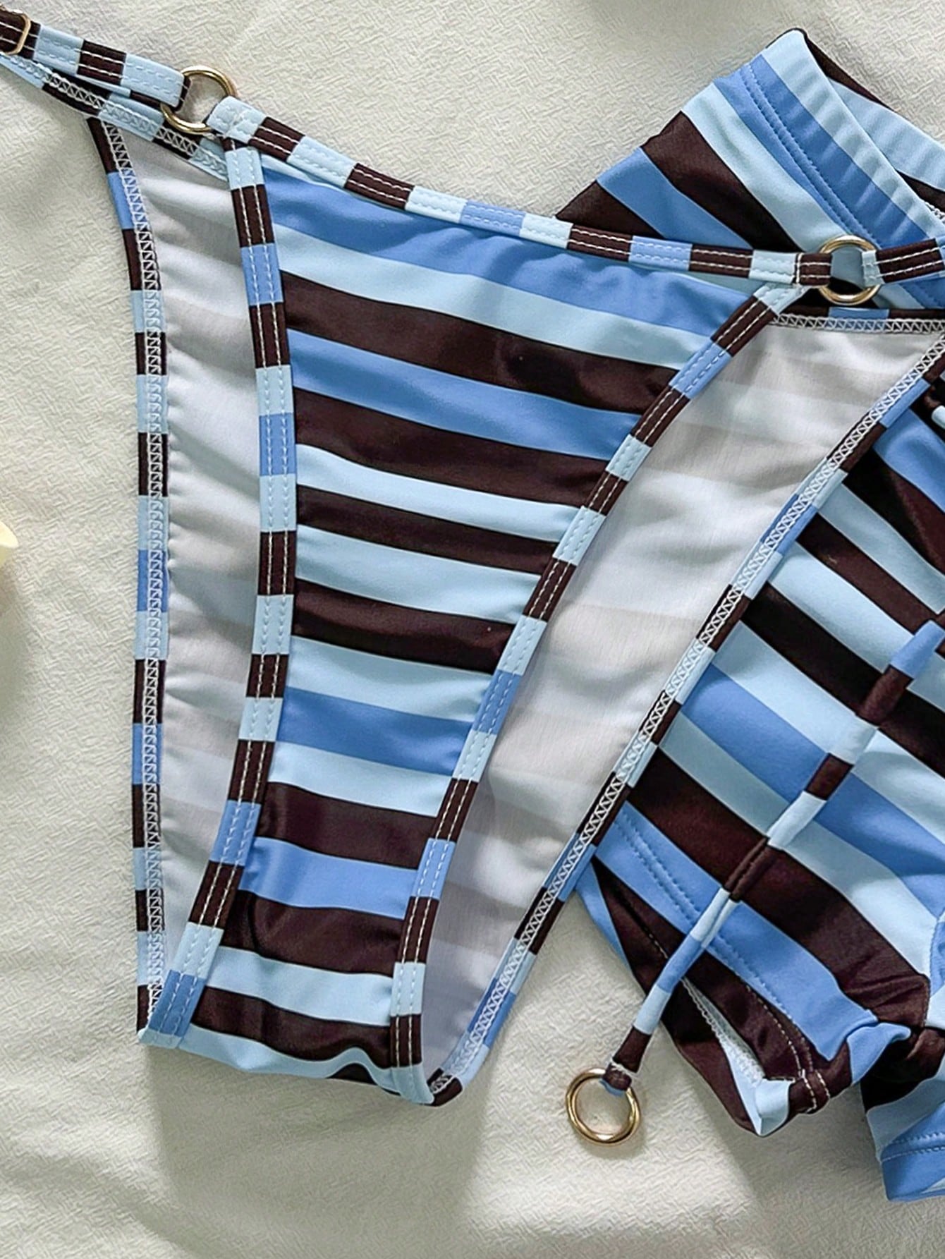 Bonvoyette 3pcs Women Light Blue Striped Bikini Set,Vintage Brown