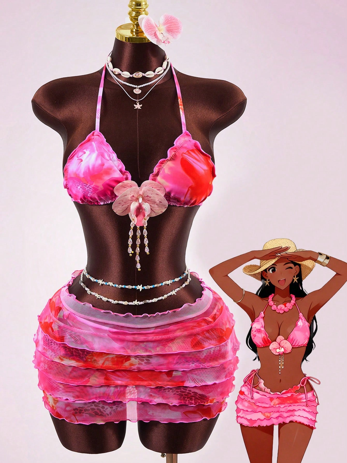 Swim SXY Women's 26ss New Floral Print Bikini Set With Tiered Ruffle Skirt, Sexy