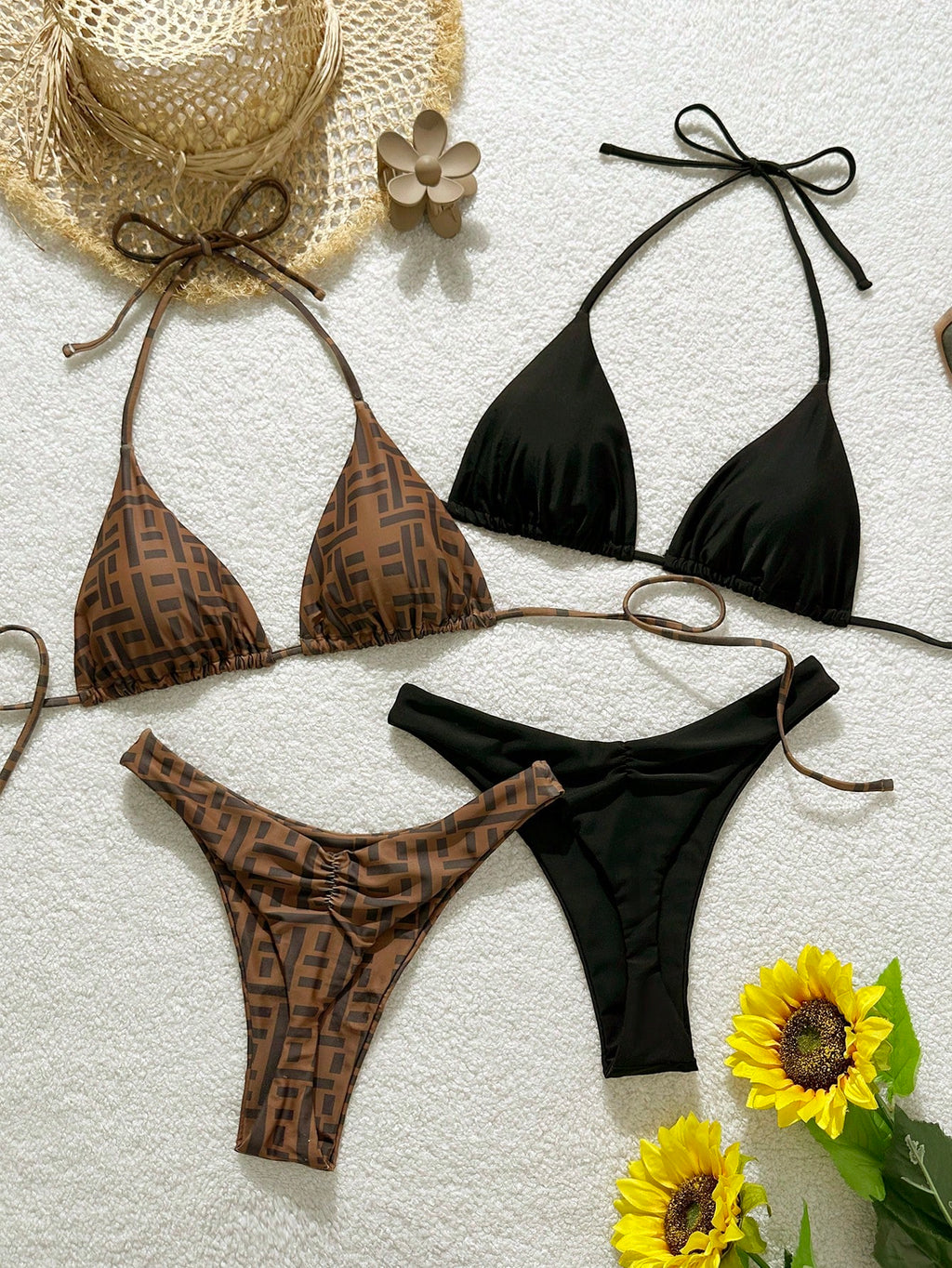 Elavelle 2026 Spring/Summer Brown Striped Beaded 4-Piece Swimwear