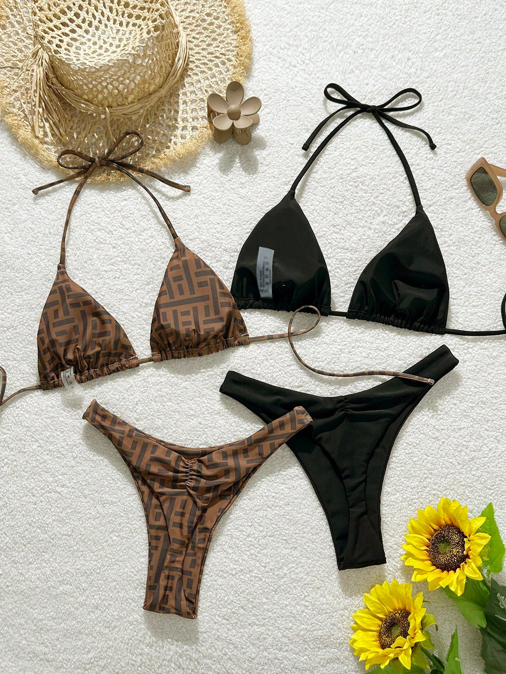 Elavelle 2026 Spring/Summer Brown Striped Beaded 4-Piece Swimwear