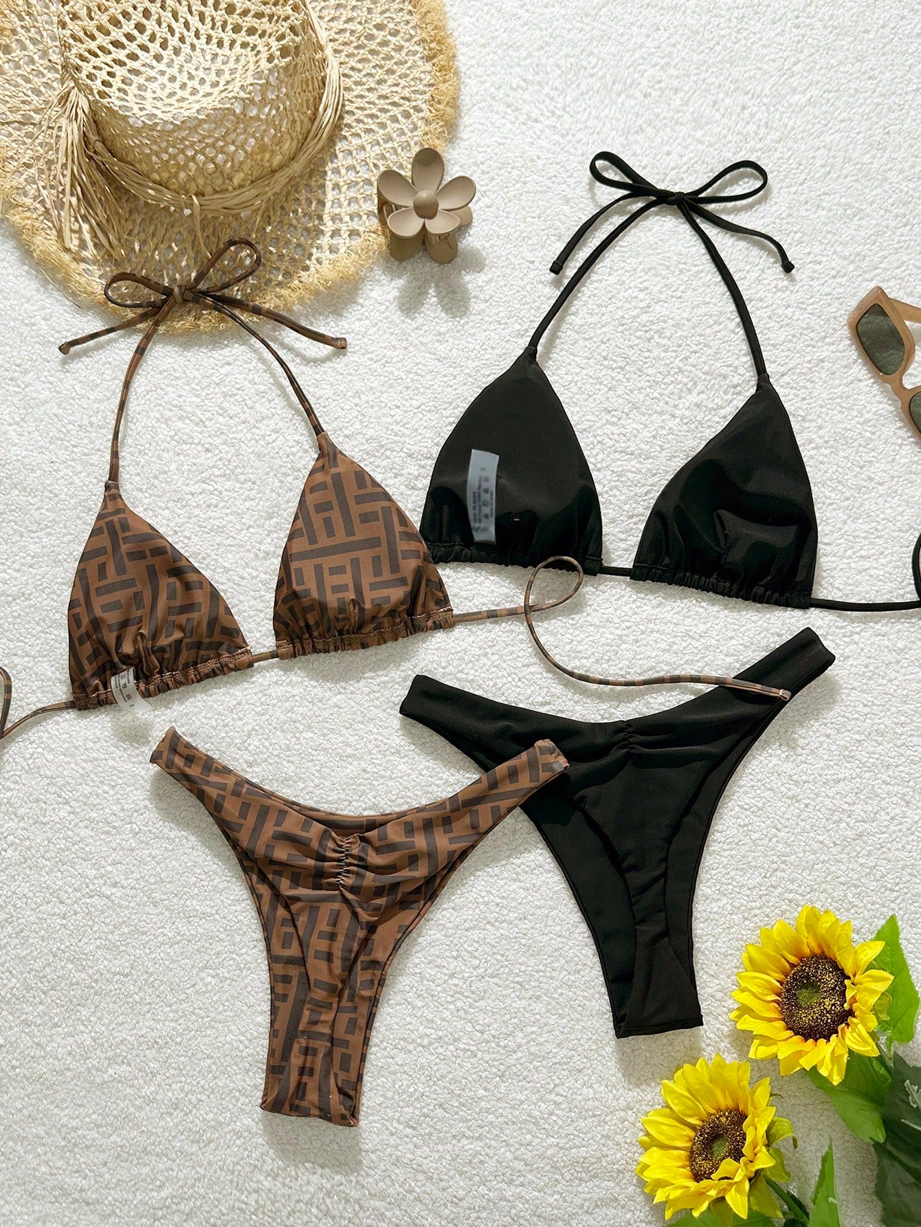 Elavelle 2026 Spring/Summer Brown Striped Beaded 4-Piece Swimwear