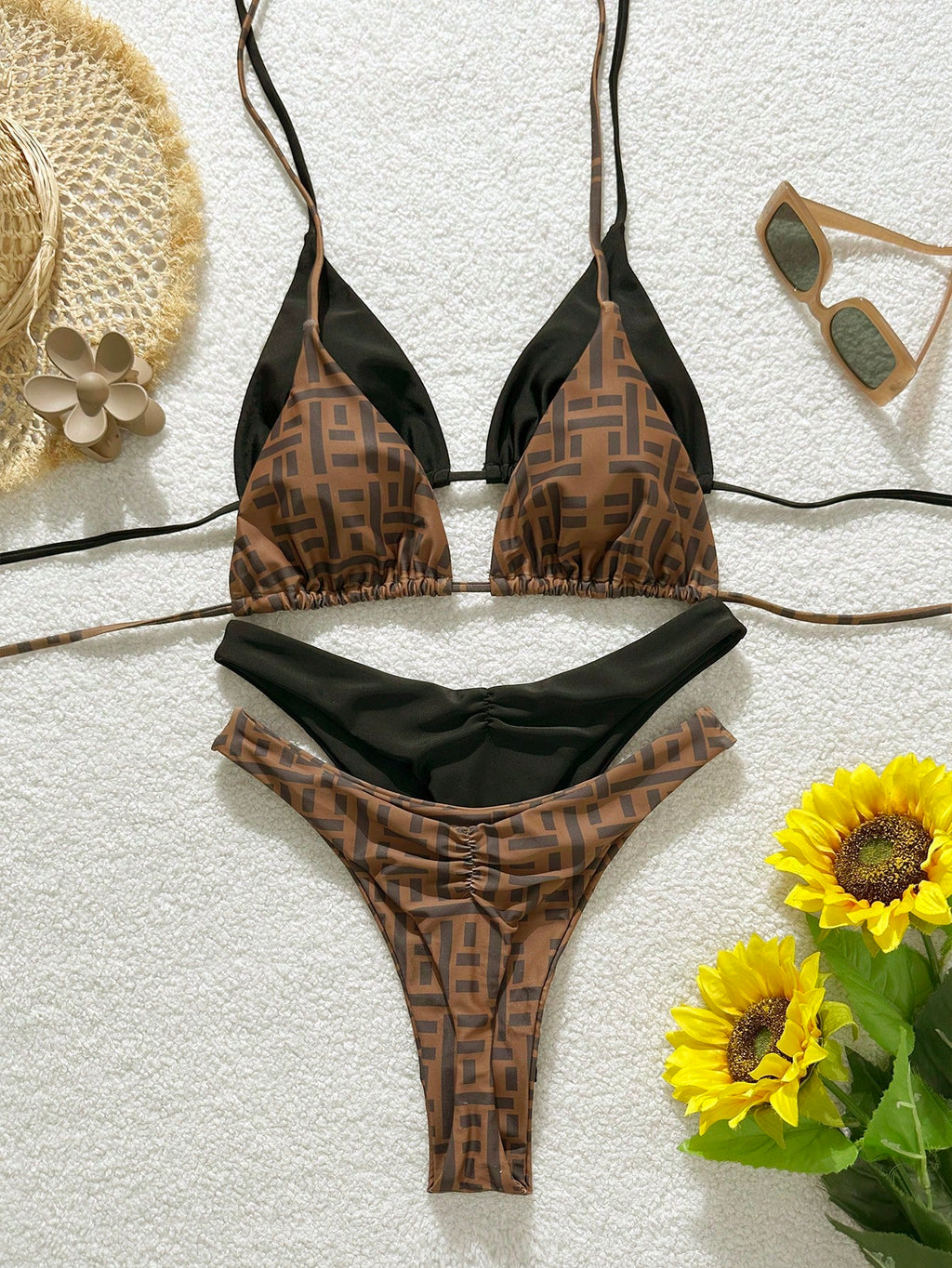 Elavelle 2026 Spring/Summer Brown Striped Beaded 4-Piece Swimwear