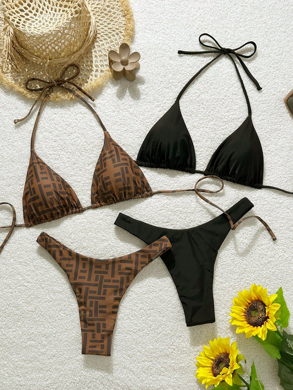 Elavelle 2026 Spring/Summer Brown Striped Beaded 4-Piece Swimwear