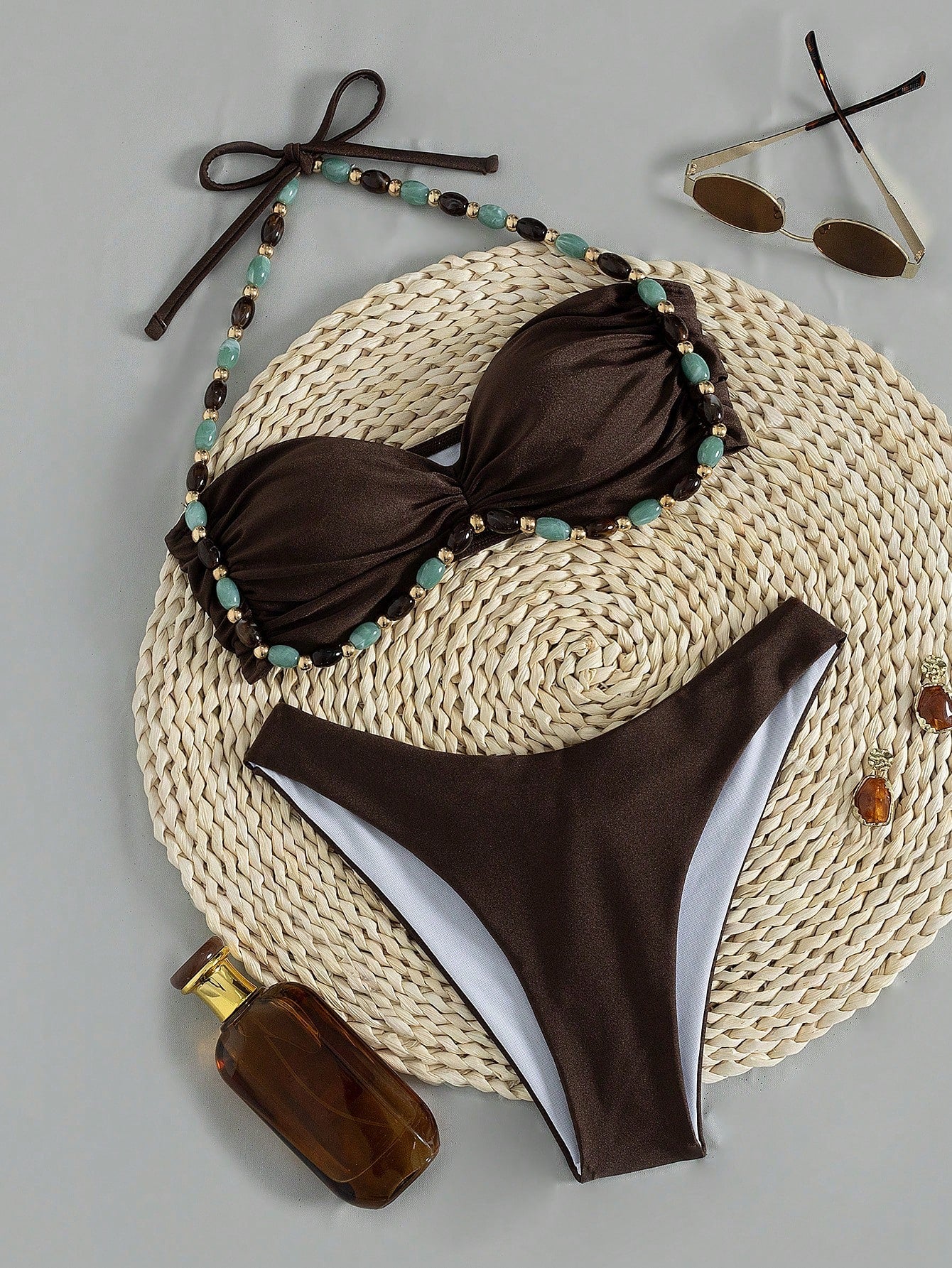 Swim Chiccia Swim Chic Women's Solid Color Beaded Tie Strap Swimwear