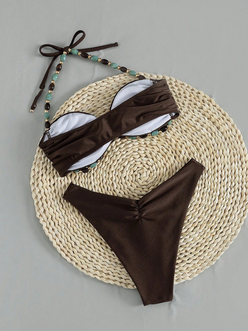 Swim Chiccia Swim Chic Women's Solid Color Beaded Tie Strap Swimwear