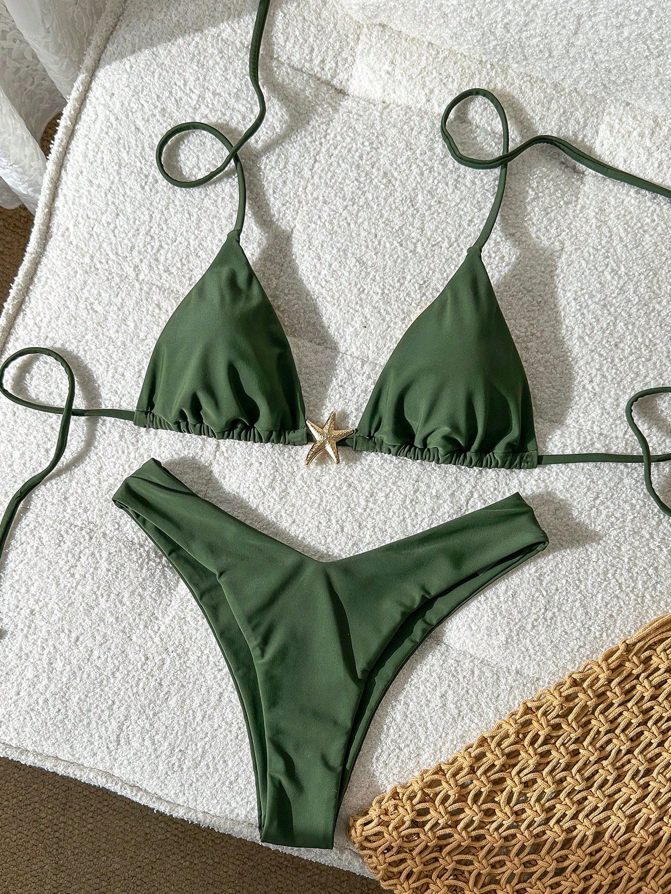 Swim Mod Women's Solid Color Metal Decor Spaghetti Strap Sexy Bikini