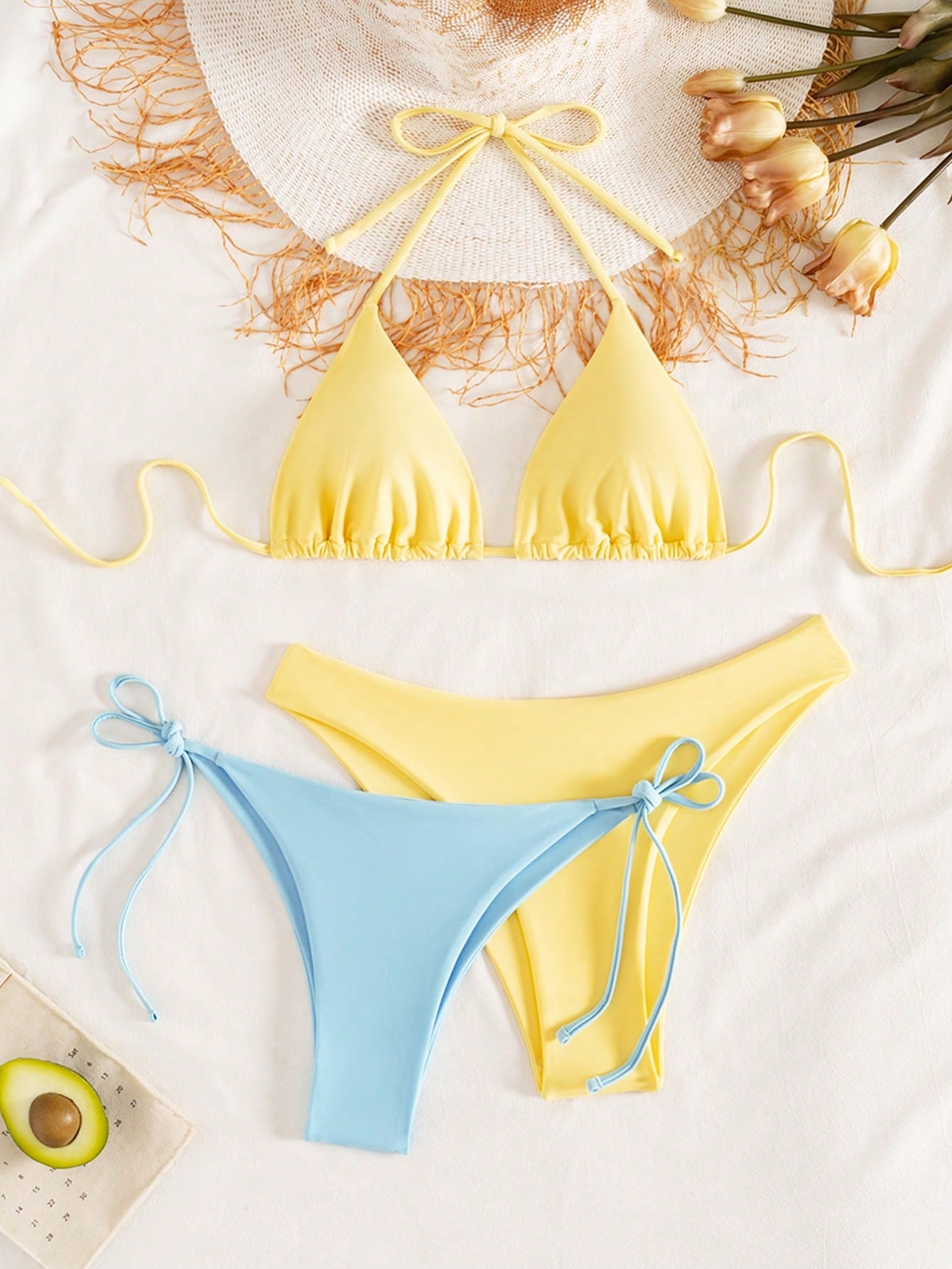Swim Chiccia 3pcs/Set Women's Solid Ruffled Halter Bikini Set &
