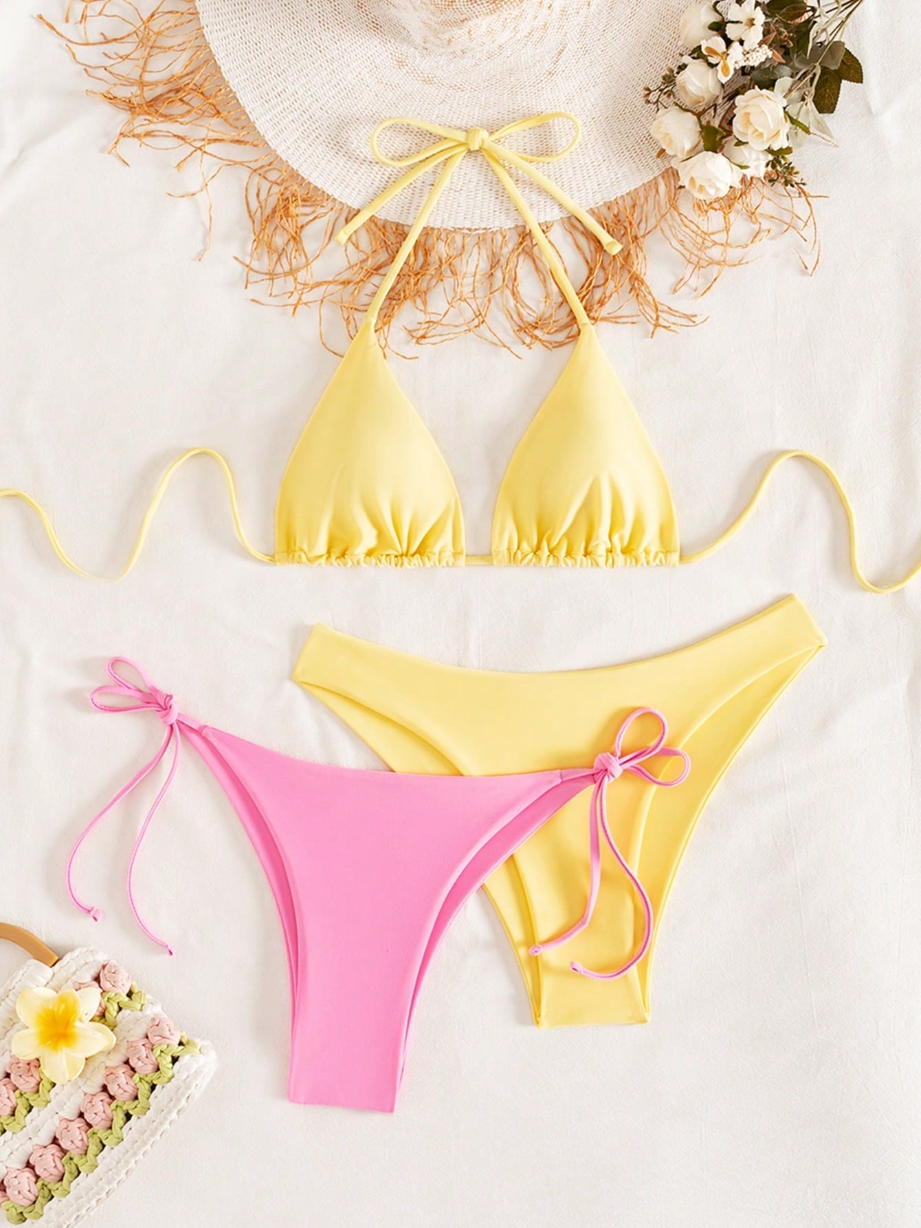 Swim Chiccia 3pcs/Set Women's Solid Ruffled Halter Bikini Set & Minimalist Swim Bottoms With Tie Waist Summer - image 16