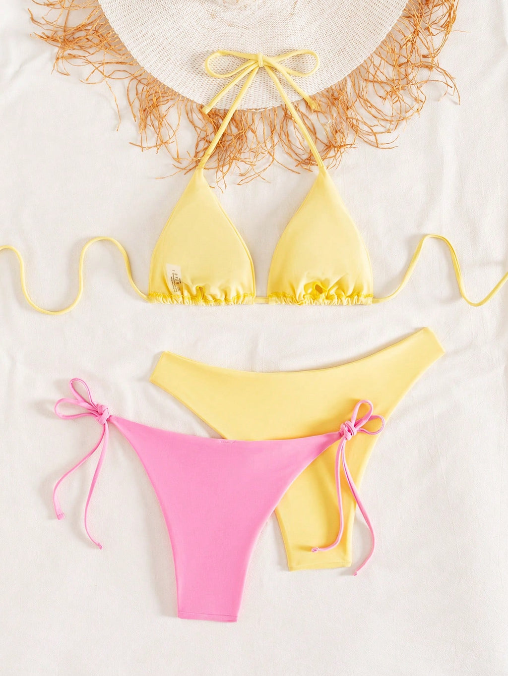 Swim Chiccia 3pcs/Set Women's Solid Ruffled Halter Bikini Set & Minimalist Swim Bottoms With Tie Waist Summer - image 17