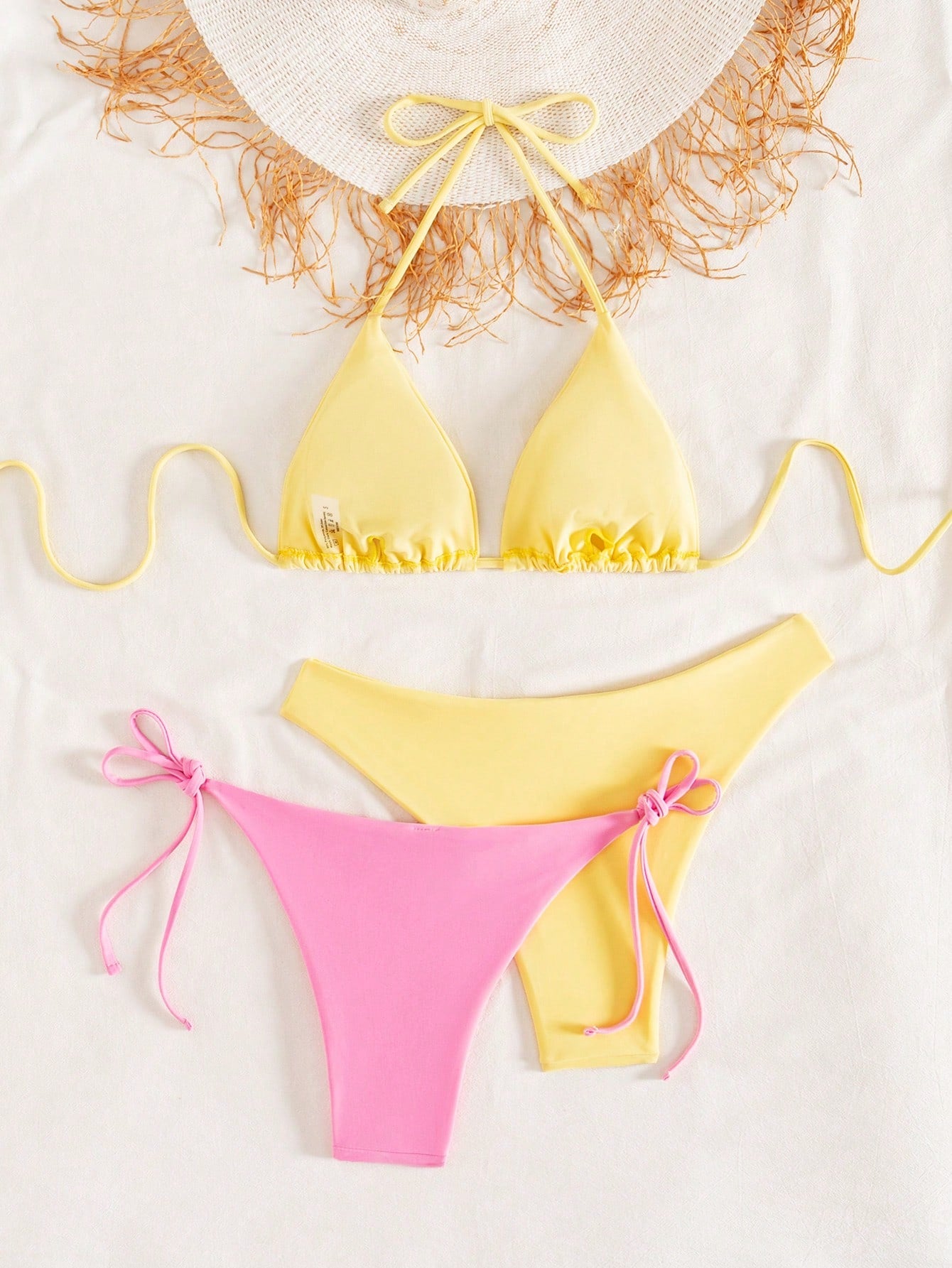 Swim Chiccia 3pcs/Set Women's Solid Ruffled Halter Bikini Set & Minimalist Swim Bottoms With Tie Waist Summer - image 17
