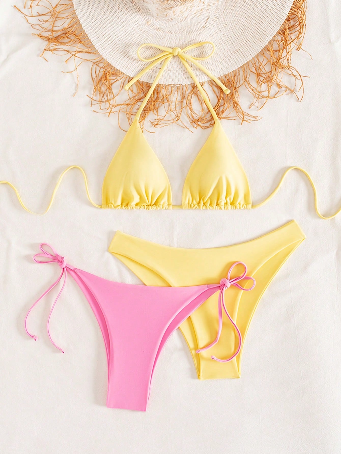 Swim Chiccia 3pcs/Set Women's Solid Ruffled Halter Bikini Set & Minimalist Swim Bottoms With Tie Waist Summer - image 18