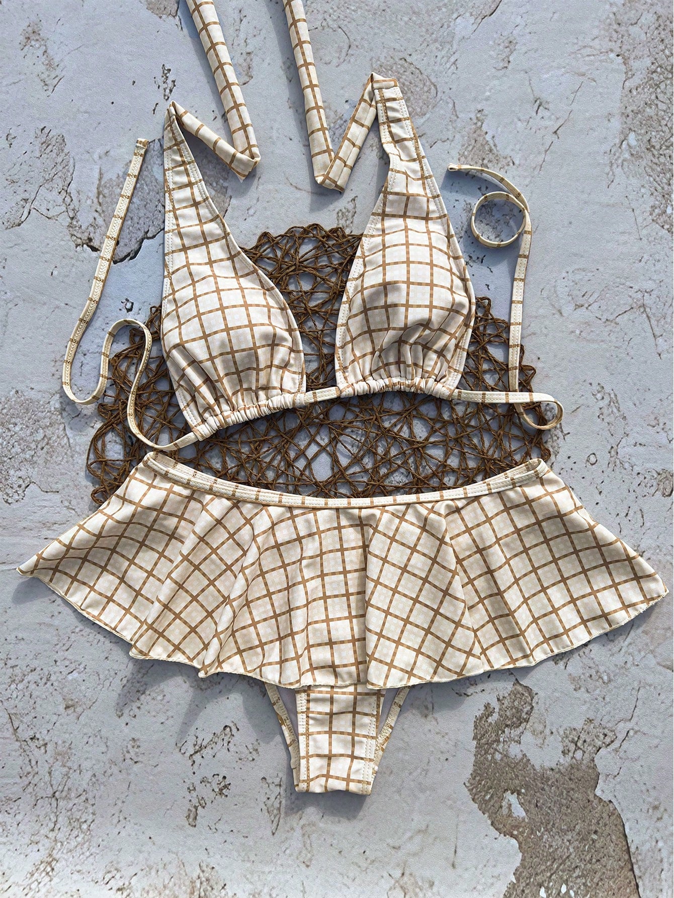 Women's Elegant Plaid Swimsuit Set With Ruffle Details, Suitable For
