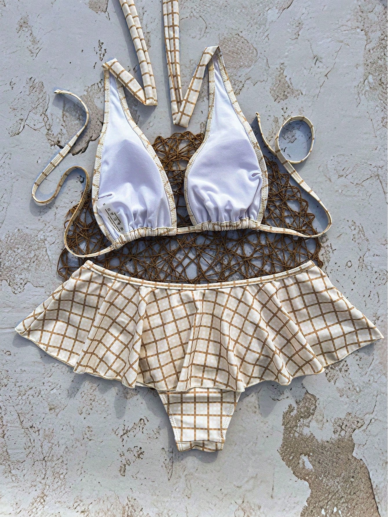 Women's Elegant Plaid Swimsuit Set With Ruffle Details, Suitable For