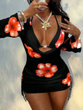 3pcs/Set Vacation Beach Floral Jacquard Bikini Set, New Summer Pearl Button Chiffon Printed Camisole, Bra,